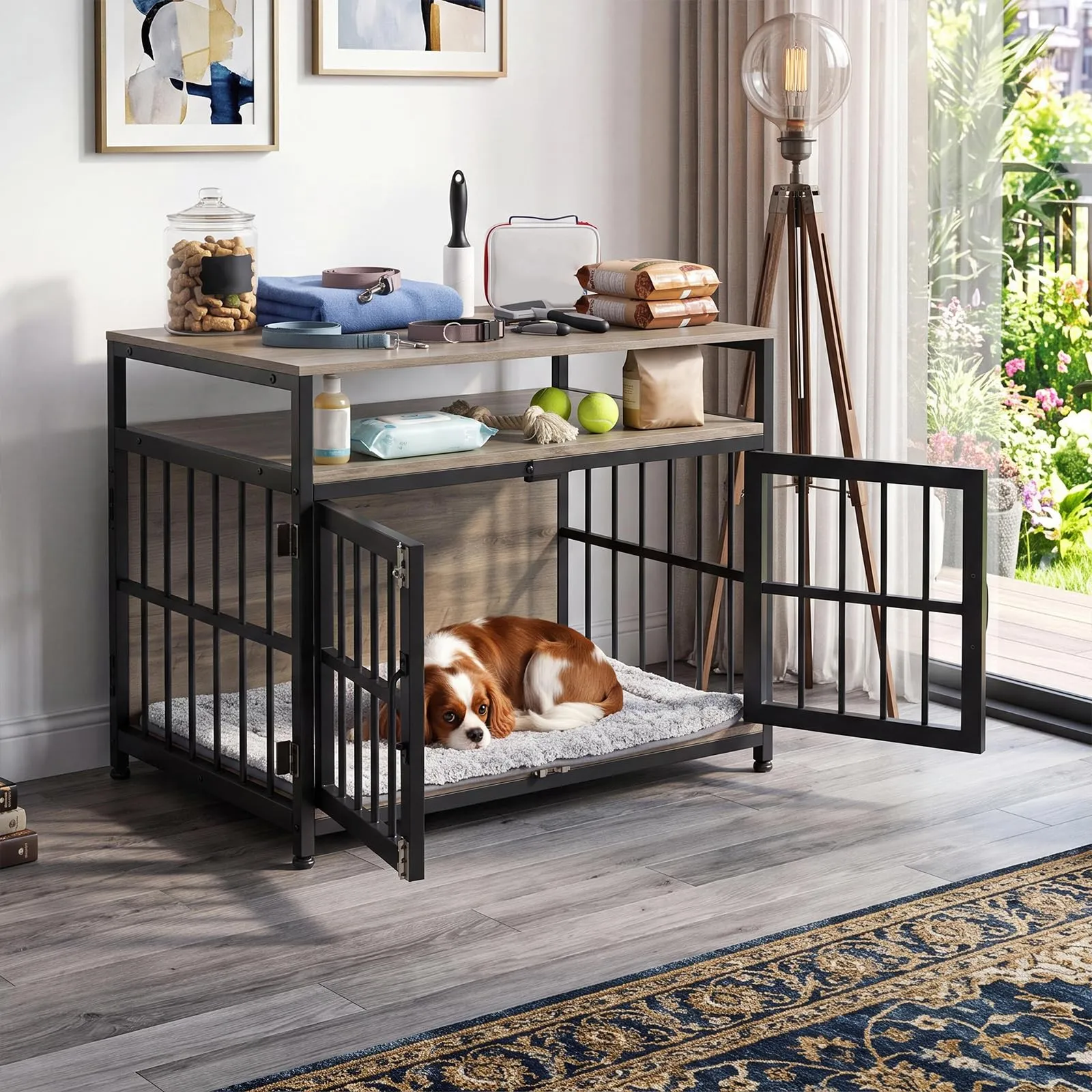 EGGREE Gabbia per Cani, Interno 76 cm, 3 Porte, 2 Ripiani, Grigio Chiaro - immagine 8