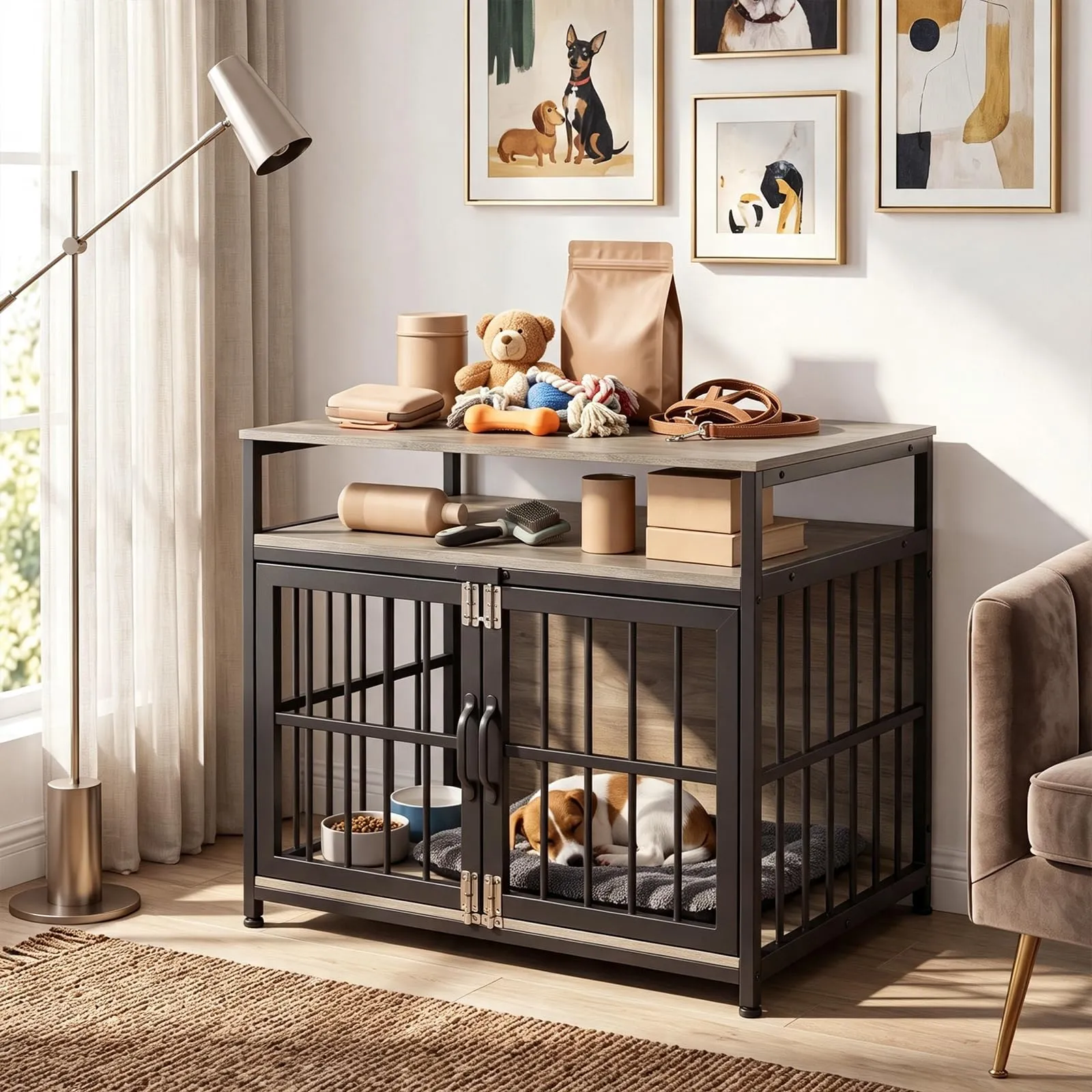 EGGREE Gabbia per Cani, Interno 76 cm, 3 Porte, 2 Ripiani, Grigio Chiaro - immagine 9
