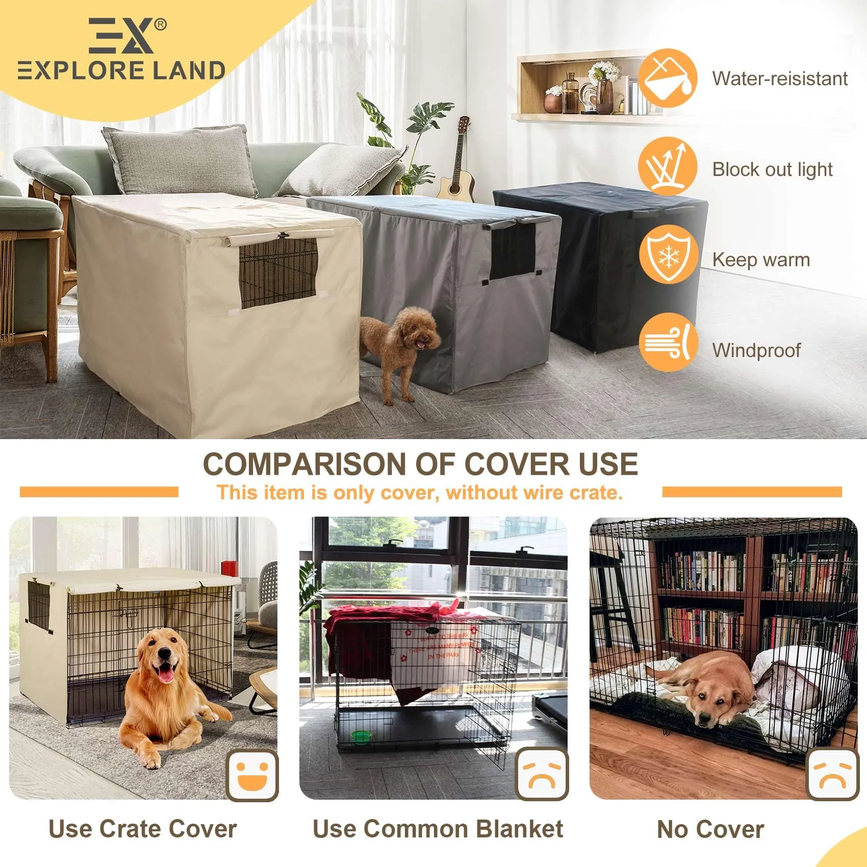 Explore Land, Copertura per gabbia per cani da 76 cm, in poliestere resistente, universale, adatta per gabbie per cani in filo metallico, marrone chiaro - immagine 5