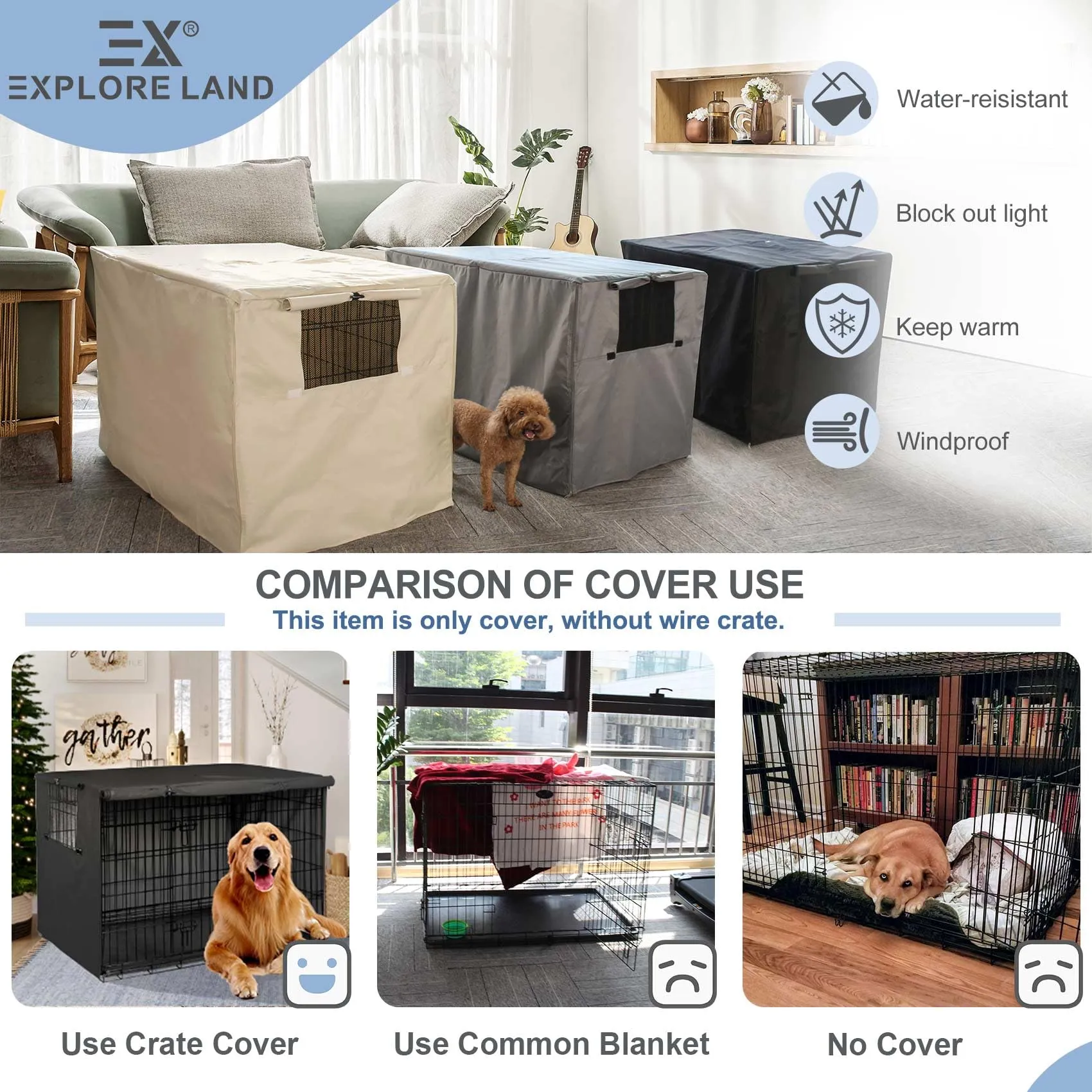 Explore Land, Copertura per gabbia per cani da 106,7 cm, in poliestere resistente, universale, adatta per gabbie per cani in filo metallico, nero - immagine 4