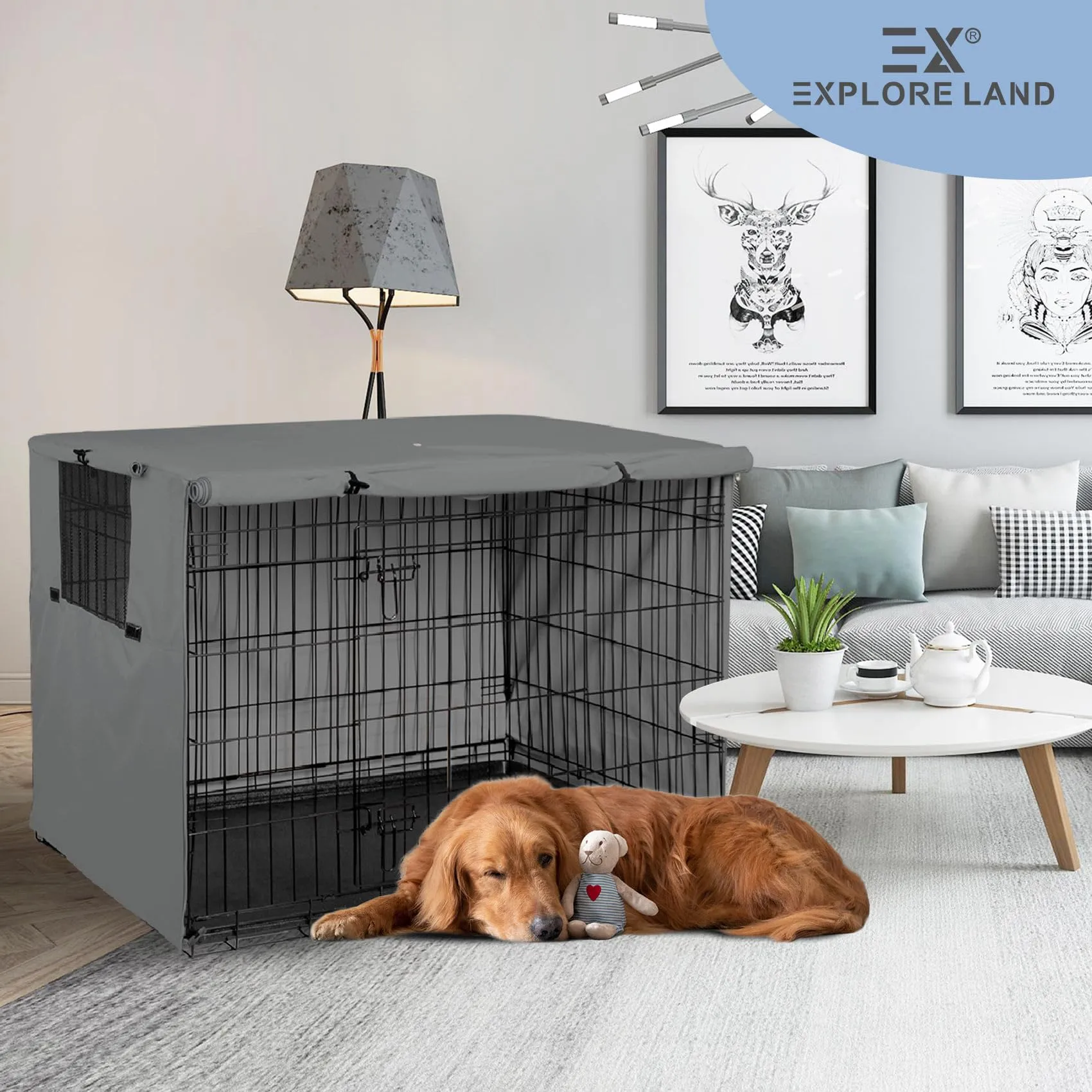 Explore Land - Copertura per gabbia per cani da 122 cm, in poliestere resistente, universale, adatta per gabbie per cani in filo metallico (grigio) - immagine 7