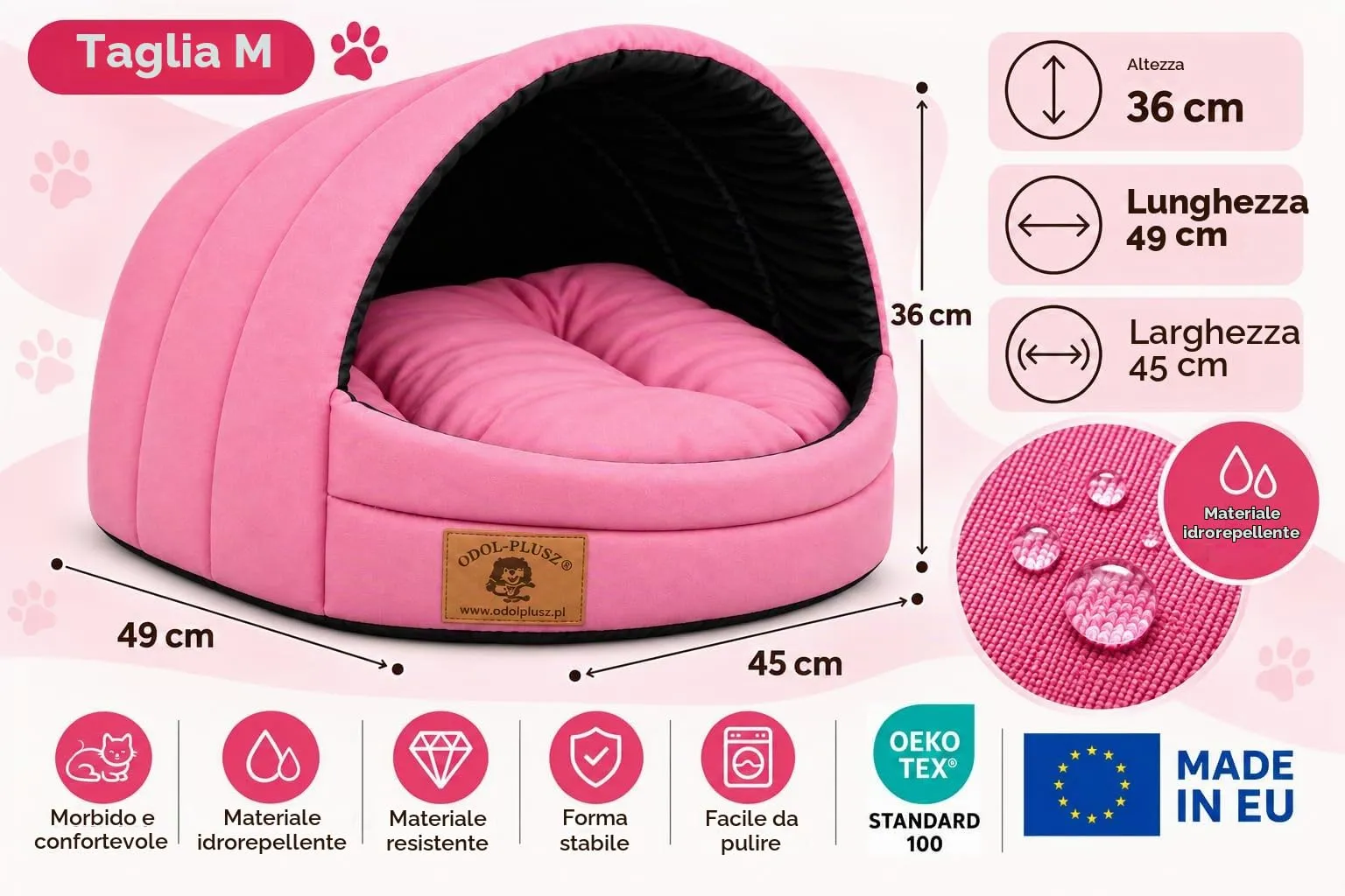 ODOLPLUSZ Cuccia per cani esclusiva casa cane o gatto | 2 misure confortevoli e lavabili (rosa, M) - immagine 4