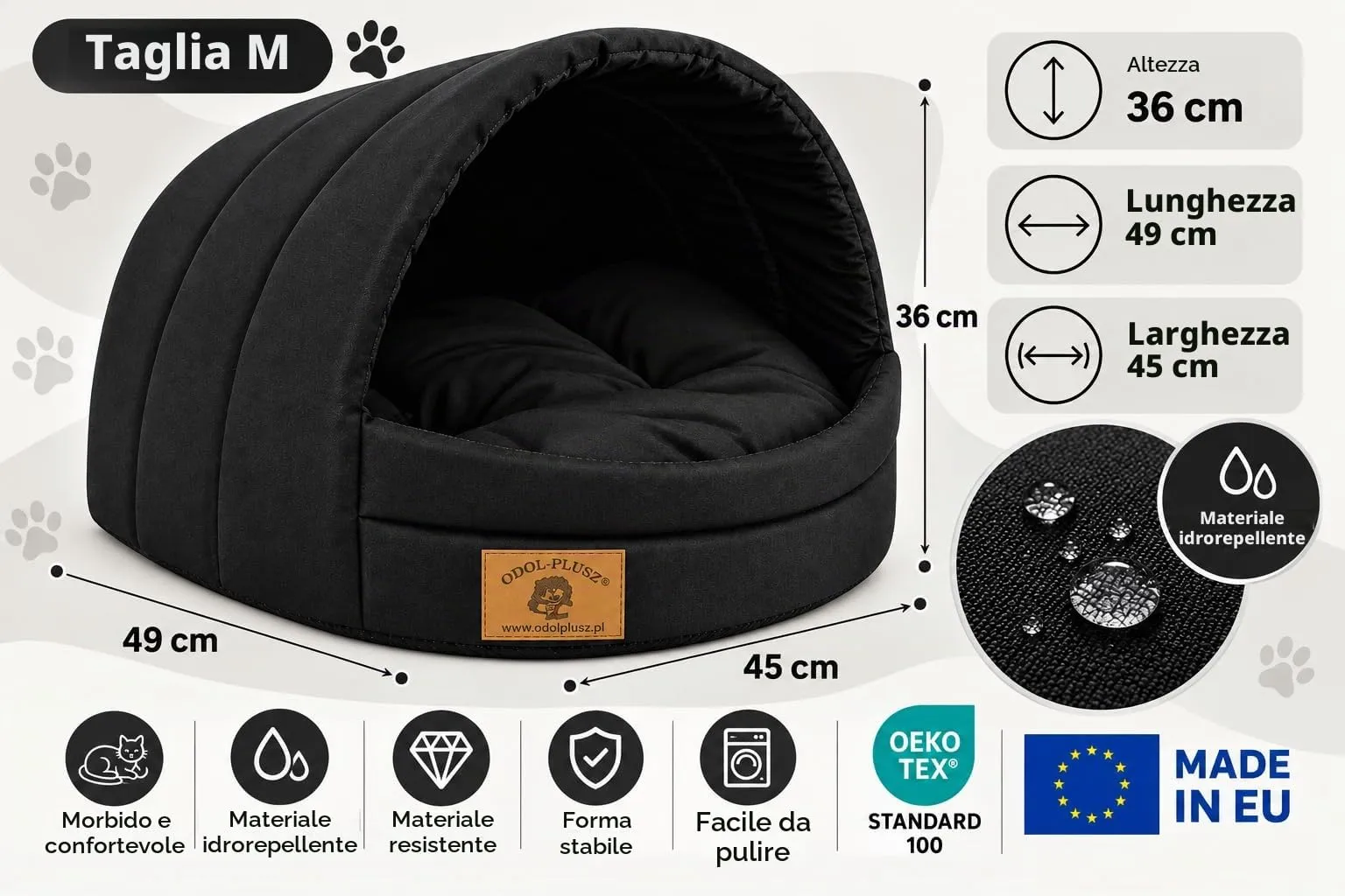 Cuccia per cani con letto taglia S/M (M, 36 x 49 x 45 cm, nero) - immagine 5