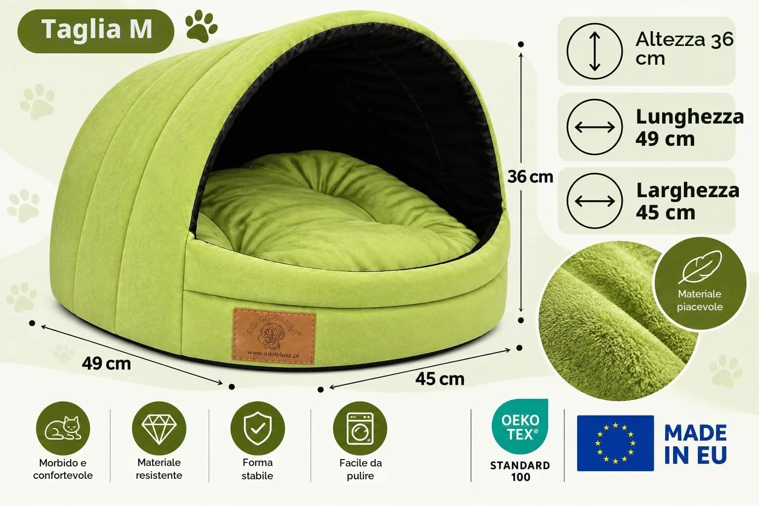 Cuccia per cani con letto taglia S/M (M, 36 x 49 x 45 cm, verde) - immagine 5
