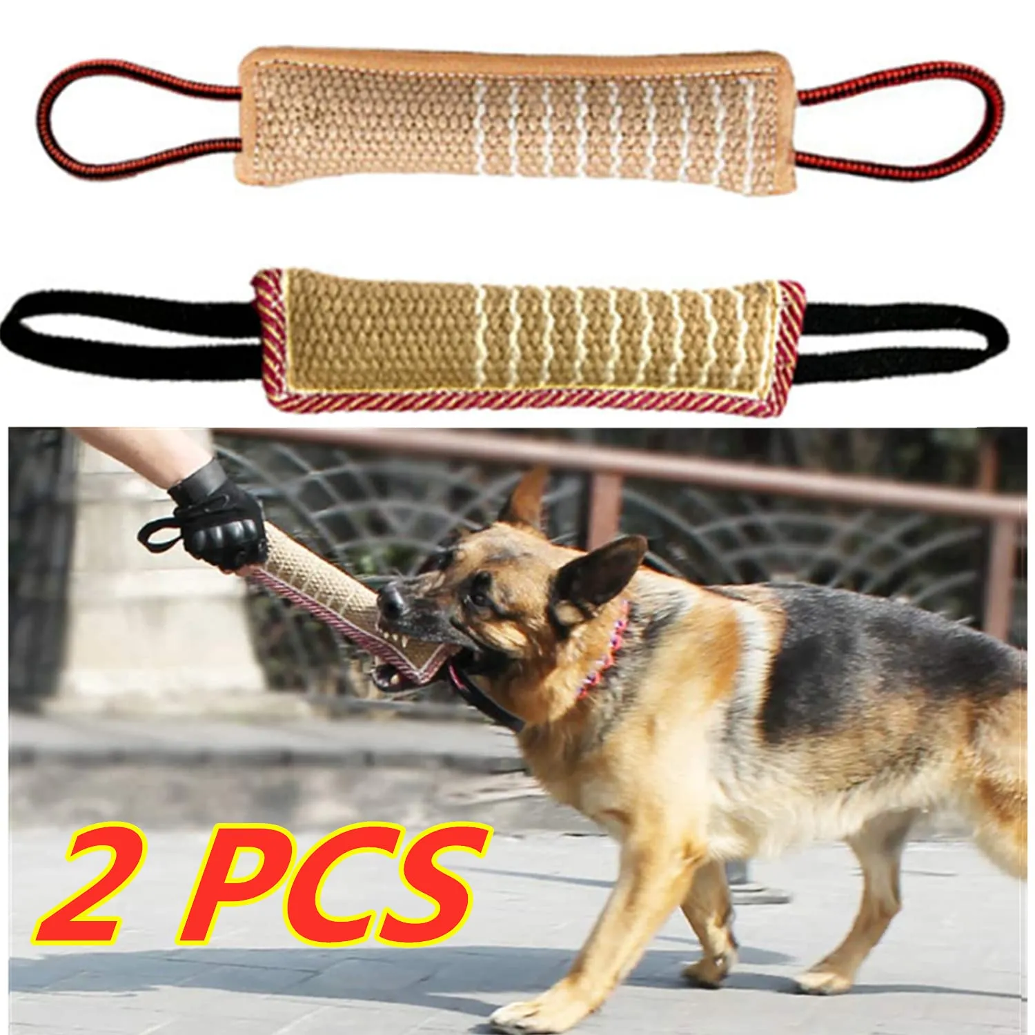 2 pezzi Giocattolo per rimorchiatore per cani Morso di cane Giocattolo per rimorchiatore con 2 robuste maniglie , Morso di iuta resistente Cuscino per morso per cani - immagine 1