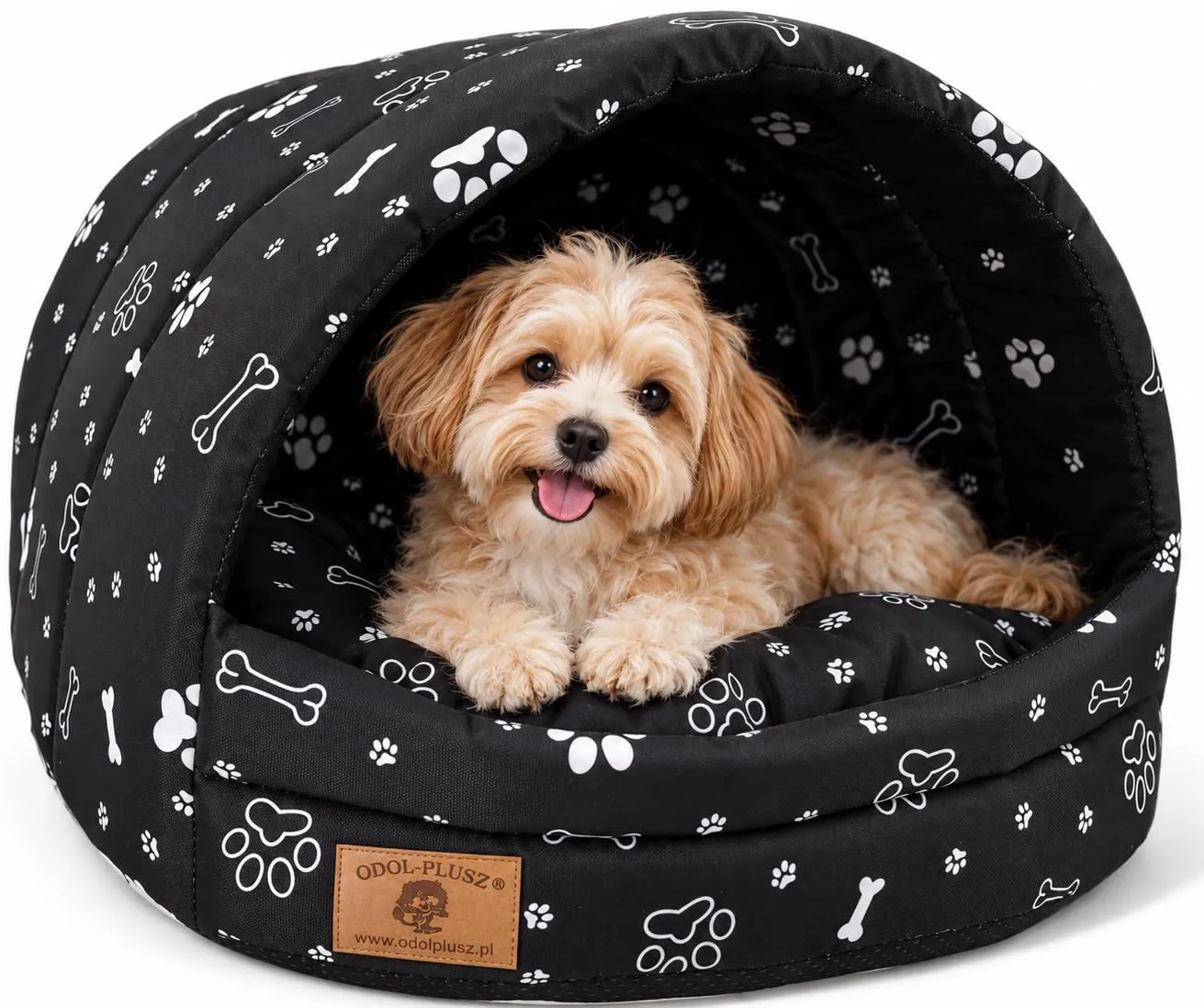 ODOLPLUSZ Cuccia per cani – Casa esclusiva per cani o gatti, 2 taglie comode e lavabili (nero con zampe, taglia M) - immagine 1
