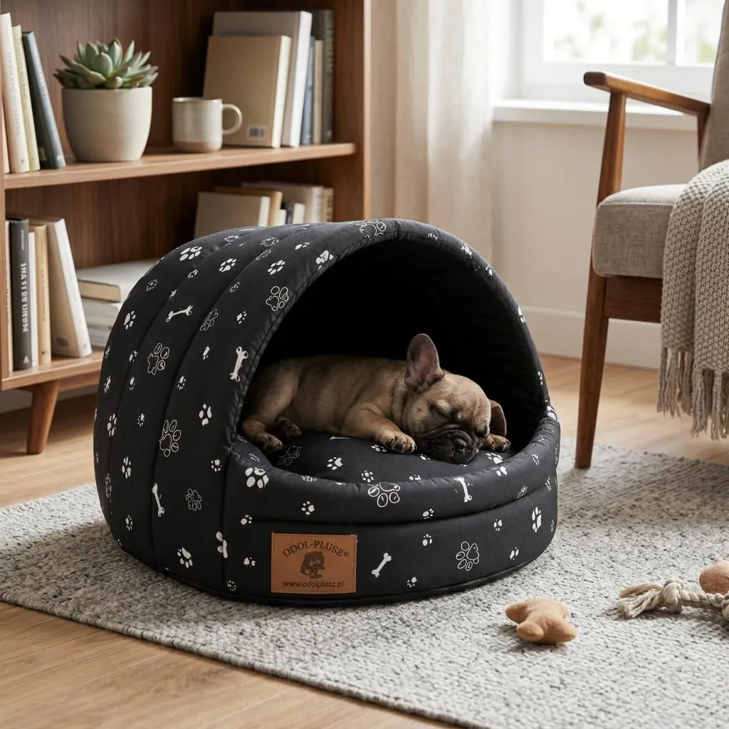 ODOLPLUSZ Cuccia per cani – Casa esclusiva per cani o gatti, 2 taglie comode e lavabili (nero con zampe, taglia M) - immagine 2