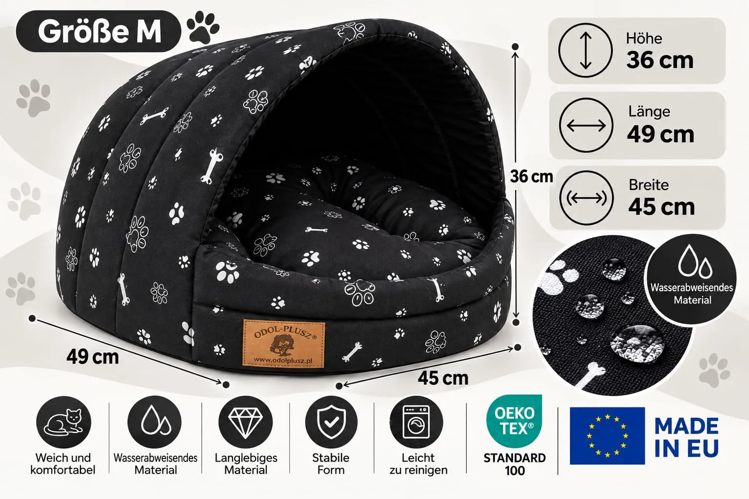 ODOLPLUSZ Cuccia per cani – Casa esclusiva per cani o gatti, 2 taglie comode e lavabili (nero con zampe, taglia M) - immagine 4