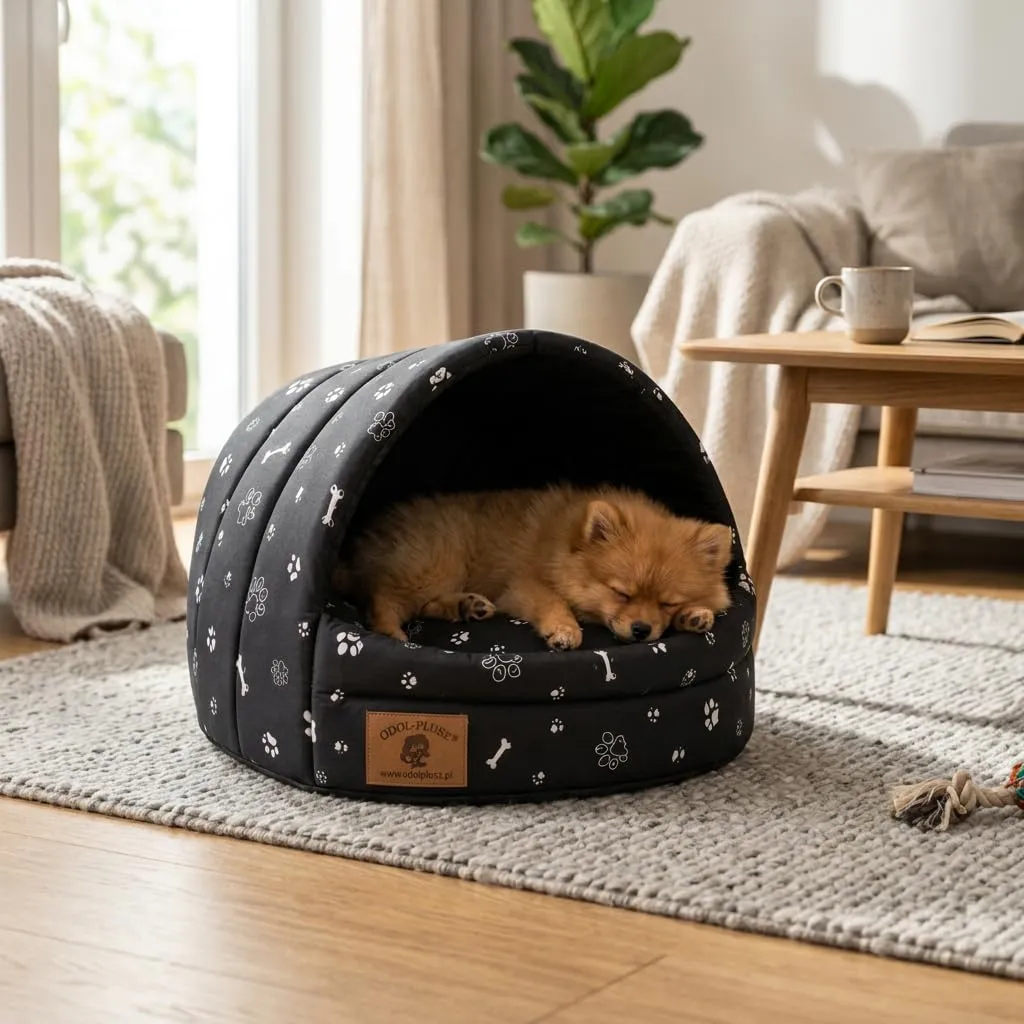 ODOLPLUSZ Cuccia per cani – Casa esclusiva per cani o gatti, 2 taglie comode e lavabili (nero con zampe, taglia M) - immagine 5