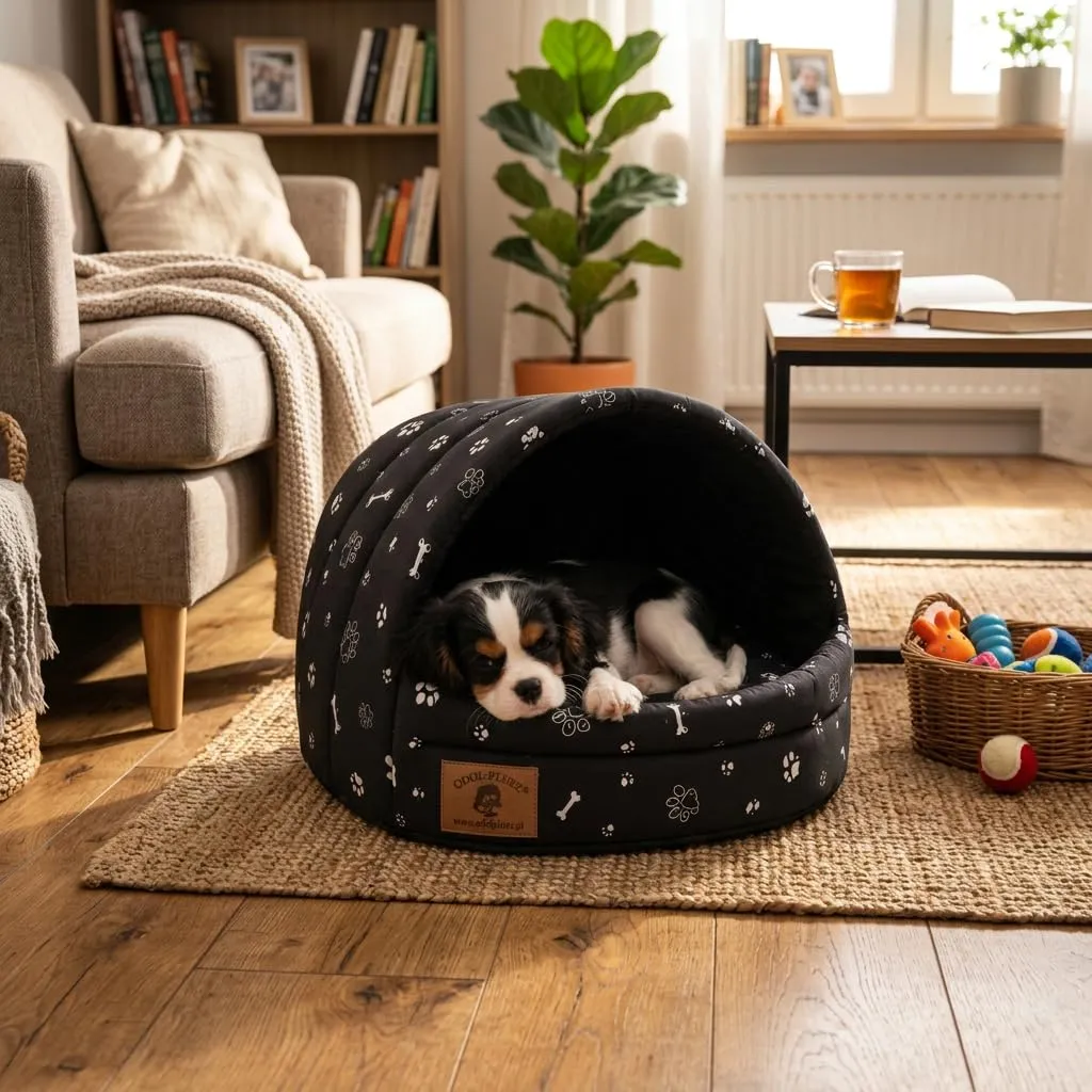ODOLPLUSZ Cuccia per cani – Casa esclusiva per cani o gatti, 2 taglie comode e lavabili (nero con zampe, taglia M) - immagine 7