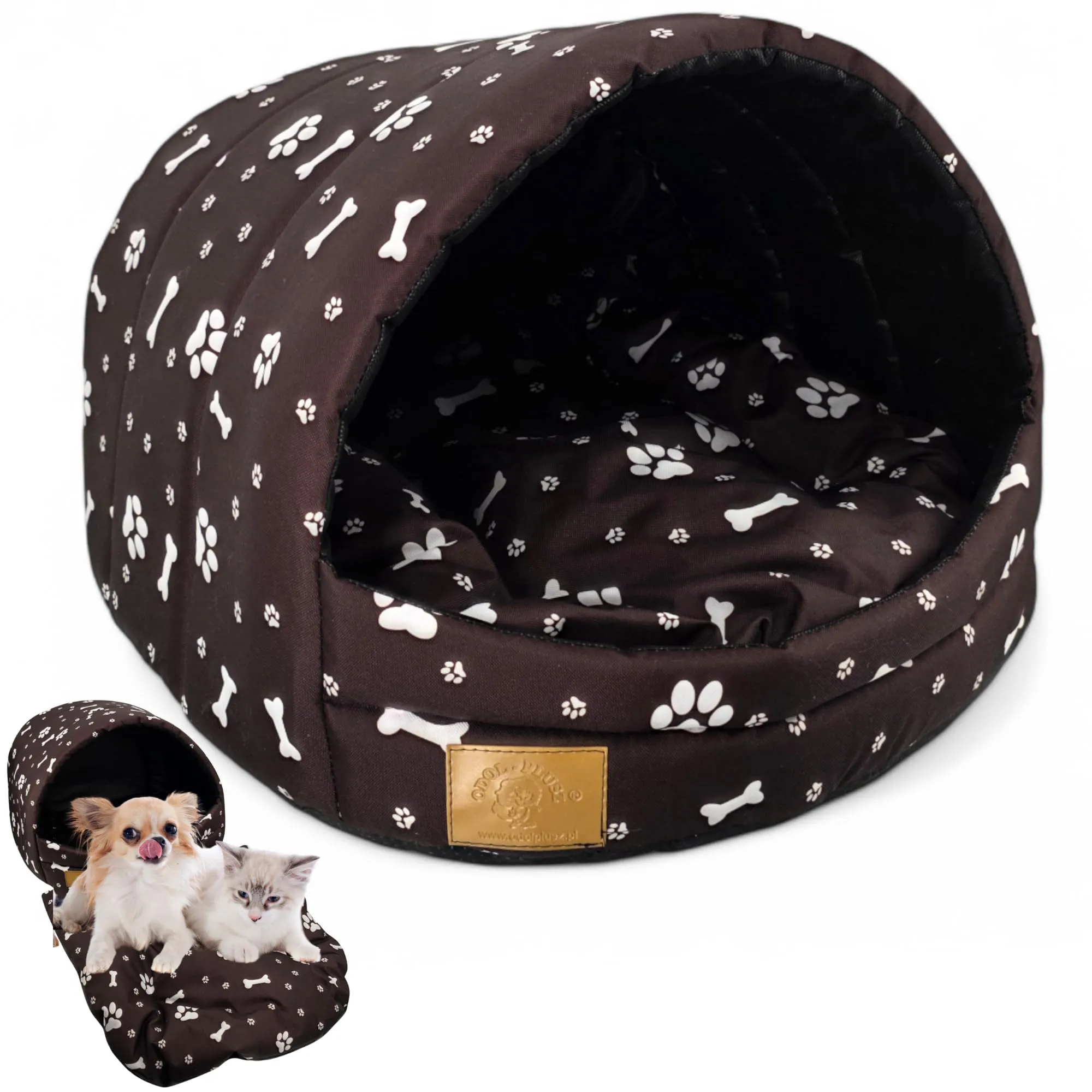 ODOLPLUSZ Cuccia per cani esclusiva casa cane o gatto | 2 misure confortevole e lavabile (marrone con zampe, M) - immagine 1