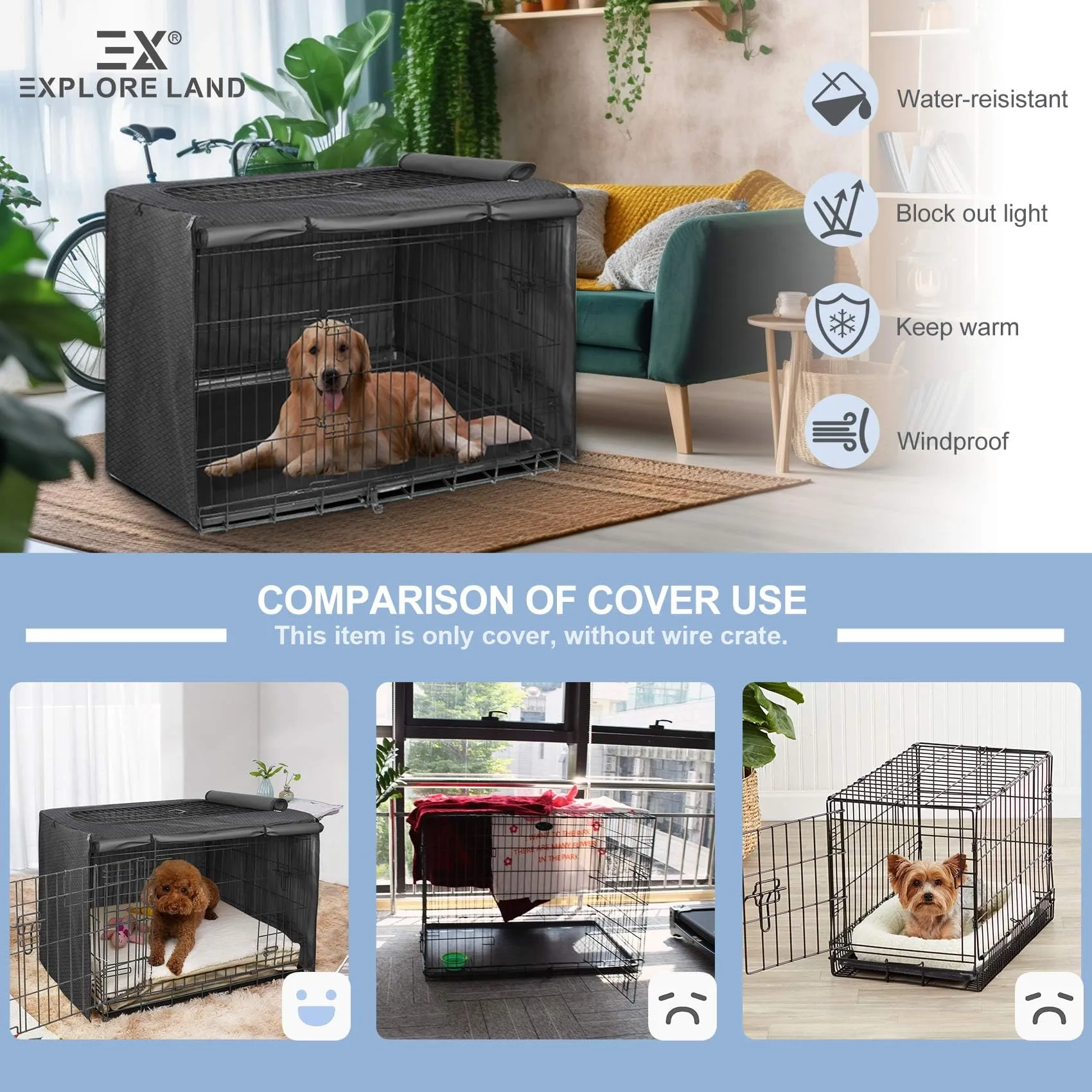 Copertura per cassa per cani di alta qualità con patta regolabile per cassa in metallo da 61 a 122 cm, colore nero ossidiana - immagine 4
