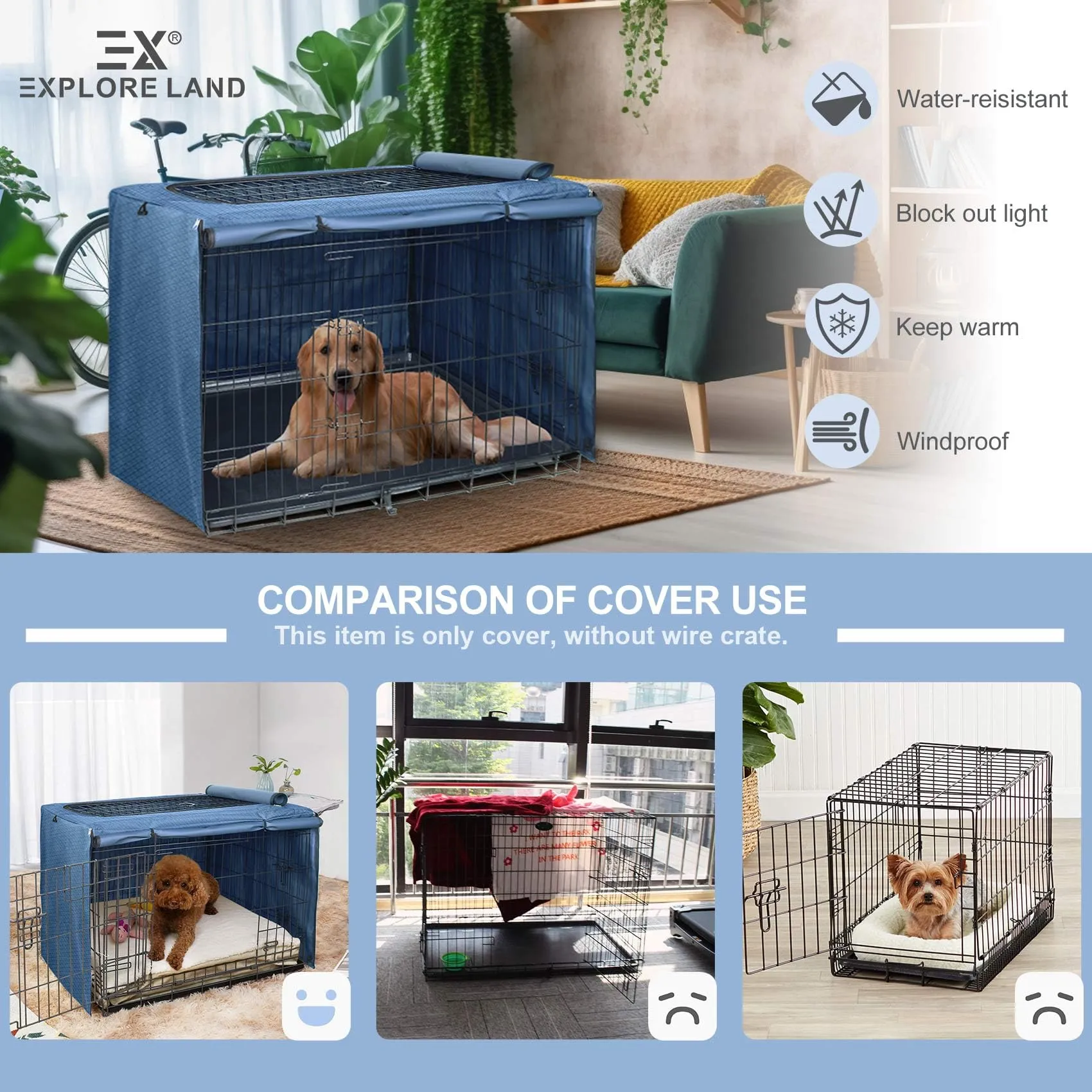 Explore Land Copertura per gabbia per cani per gabbia metallica da 122 cm, resistente, compatibile con cassa in metallo standard da 1, 2 e 3 porte, blu - immagine 4