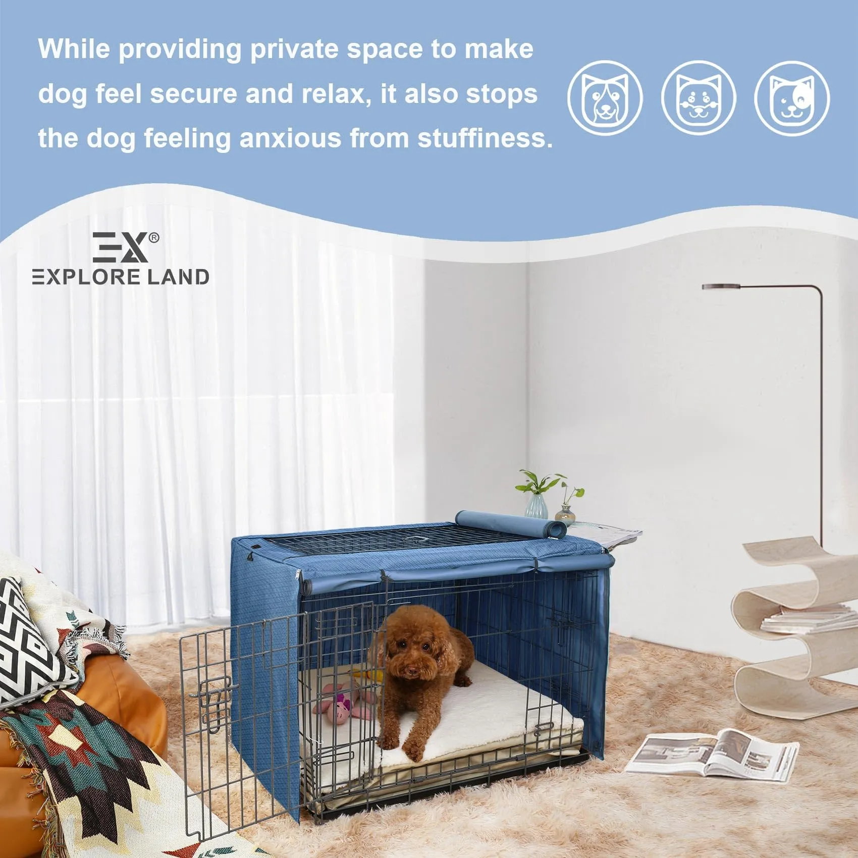 Explore Land Copertura per gabbia per cani per gabbia metallica da 122 cm, resistente, compatibile con cassa in metallo standard da 1, 2 e 3 porte, blu - immagine 7