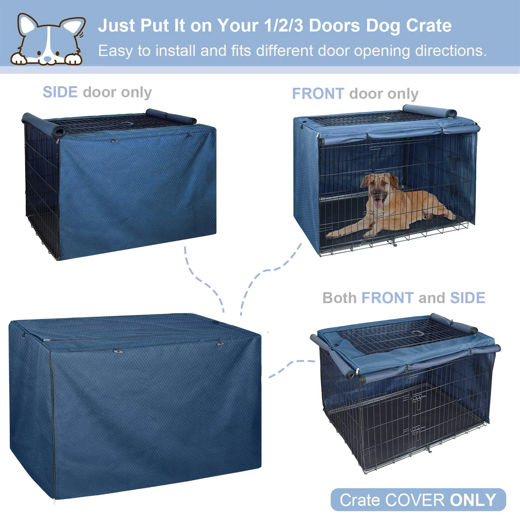 Explore Land Copertura per gabbia per cani per gabbia metallica da 61 cm, resistente, compatibile con cassa in metallo standard da 1, 2 e 3 porte, blu - immagine 6