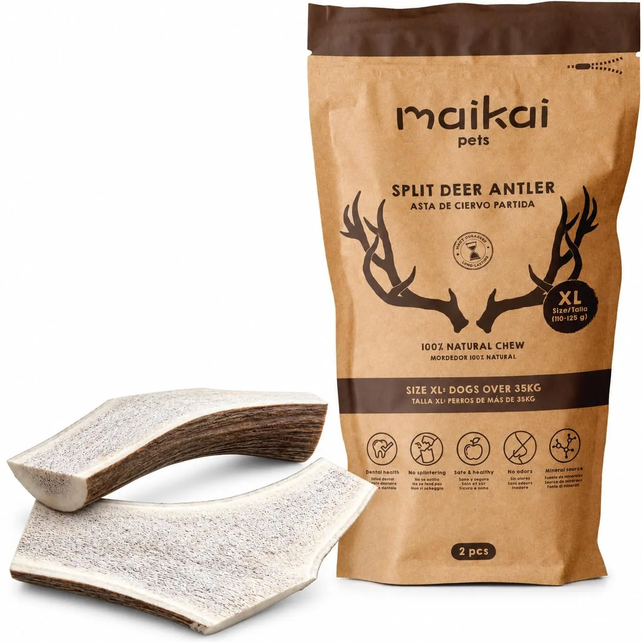 MAIKAI Corno di Cervo per Cani Taglia XL Tagliato a Metà – 100% Naturale + Sicuro e Resistente – Masticativo Lungo per Igiene Dentale – Giocattolo Naturale Cane - Regali Per Cani - immagine 1