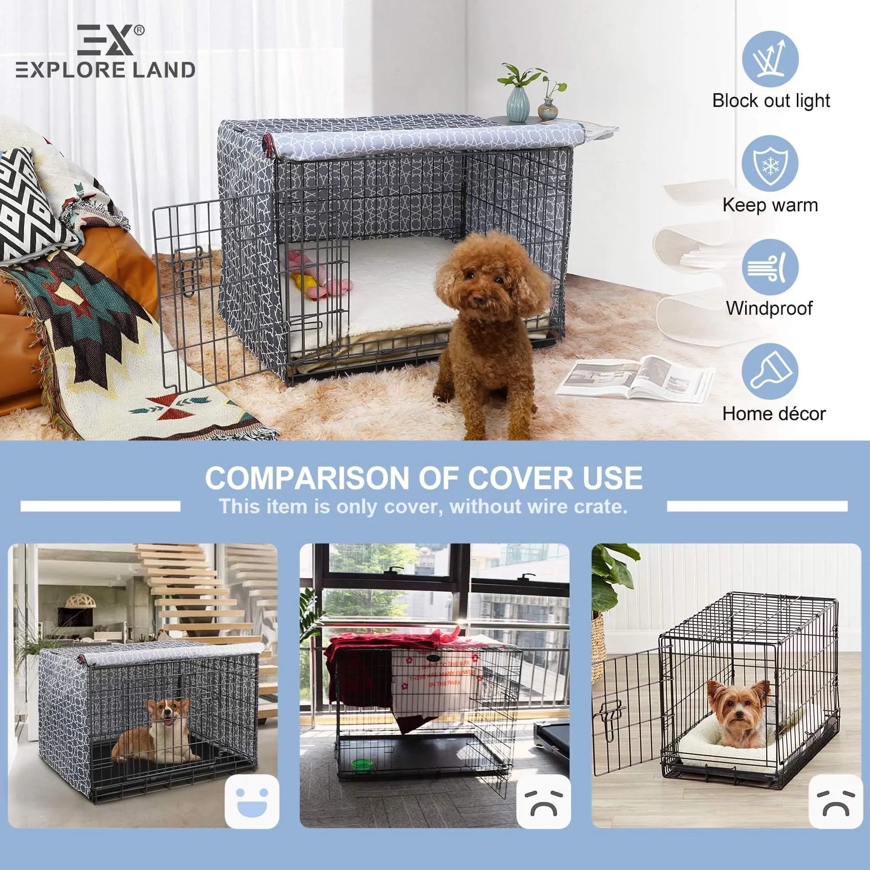 Explore Land Copertura per gabbia per cani da 61 cm, in poliestere resistente, universale, adatta per casse metalliche standard da 1, 2 e 3 porte, (Marocco) - immagine 3