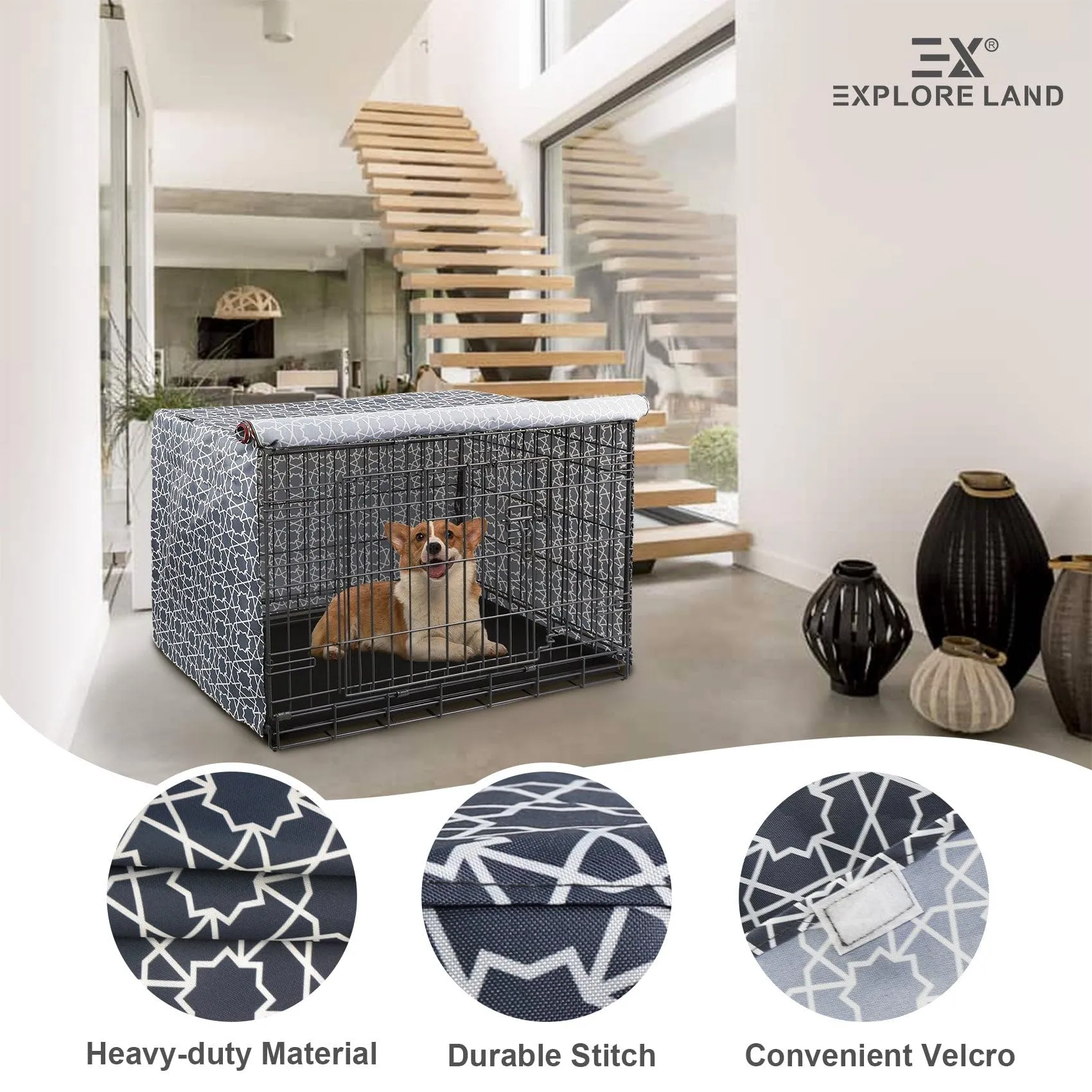 Explore Land Copertura per gabbia per cani da 61 cm, in poliestere resistente, universale, adatta per casse metalliche standard da 1, 2 e 3 porte, (Marocco) - immagine 4