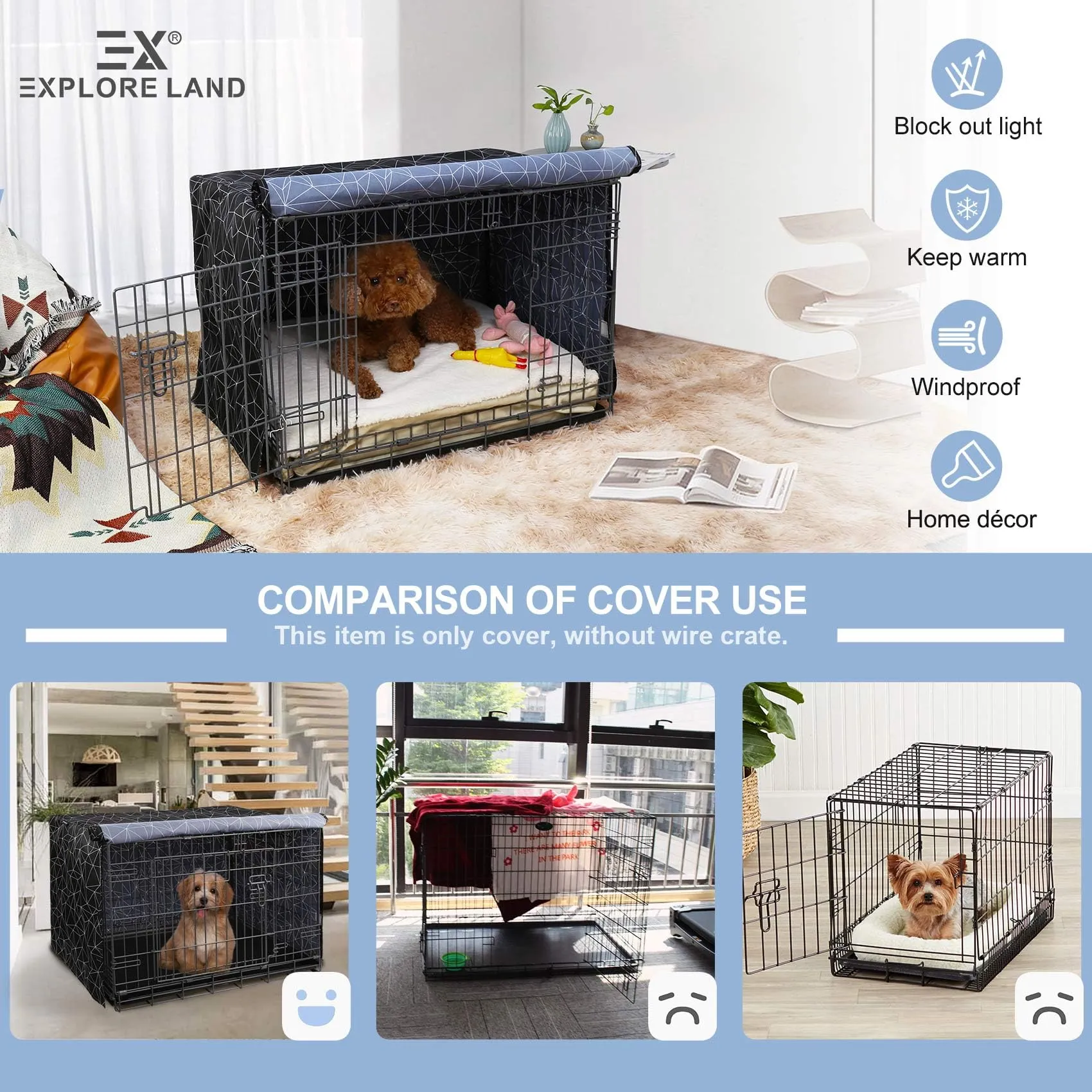 Explore Land Copertura per gabbia per cani da 61 cm, in poliestere resistente, universale, adatta per casse metalliche standard da 1, 2 e 3 porte, (breve poligonale) - immagine 3