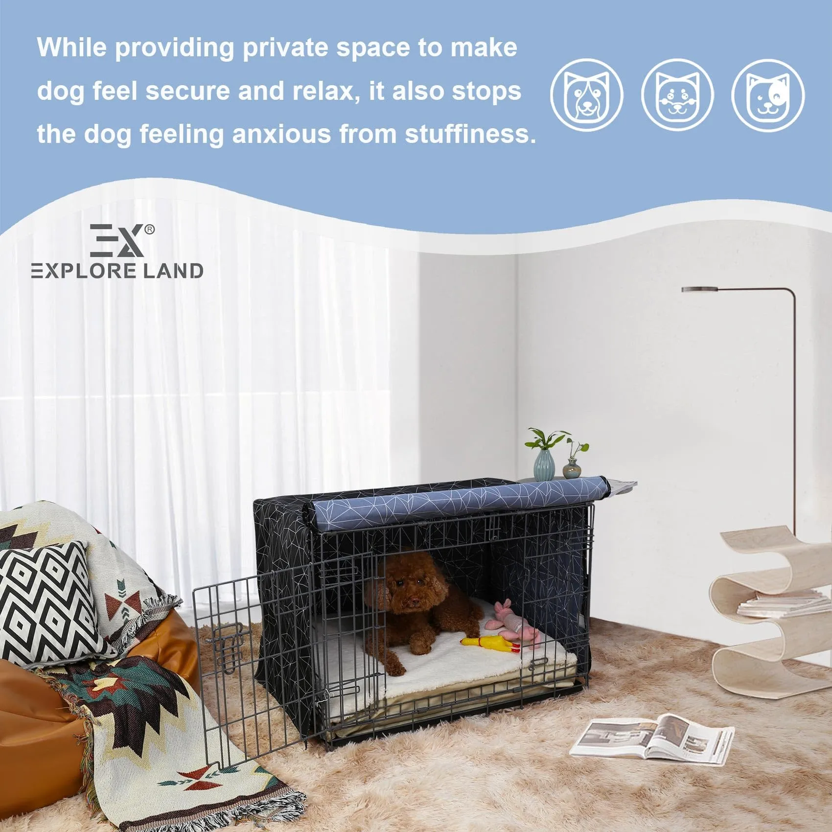 Explore Land Copertura per gabbia per cani da 61 cm, in poliestere resistente, universale, adatta per casse metalliche standard da 1, 2 e 3 porte, (breve poligonale) - immagine 6