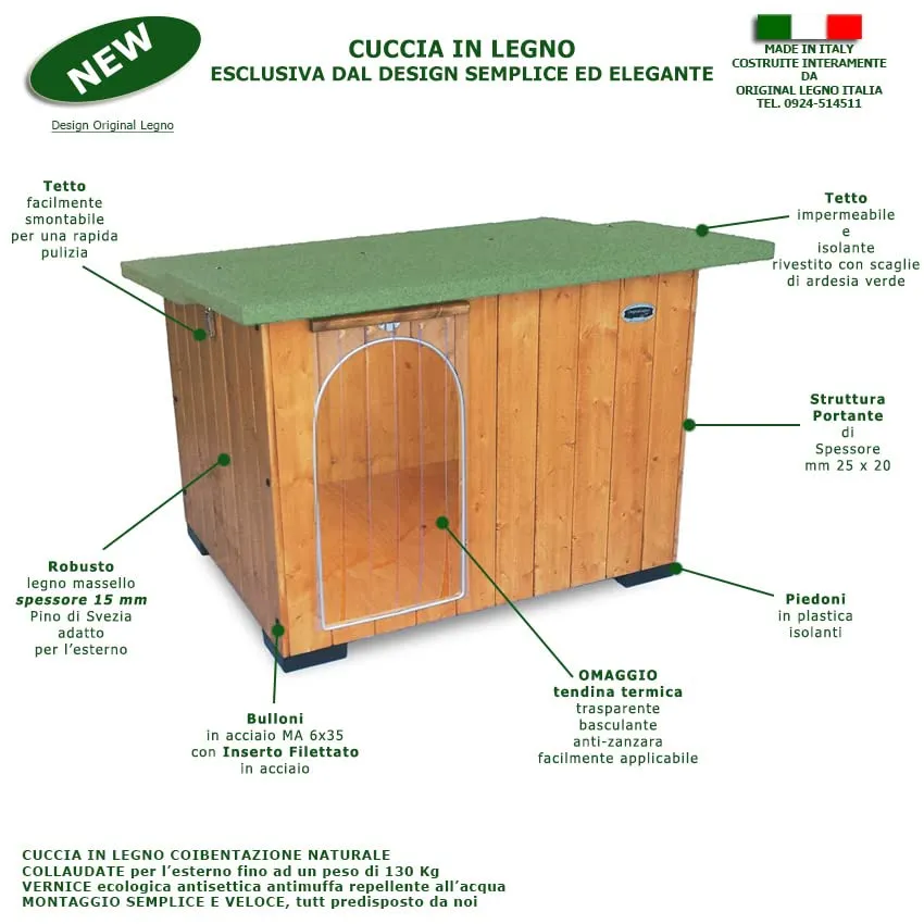 Acquista in Fabbrica Cuccia in Legno per Cani da Esterno Rinforzata Tendina Omaggio MADE IN ITALY mod. Italy C – Setter 90x72xH62… - immagine 2