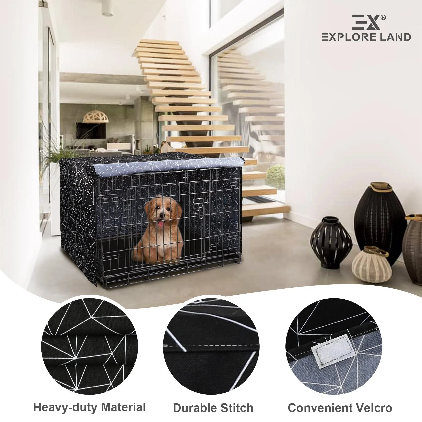 Explore Land Copertura per gabbia per cani da 106 cm, in poliestere resistente, universale, adatta per casse metalliche standard da 1, 2 e 3 porte, (breve poligonale) - immagine 4