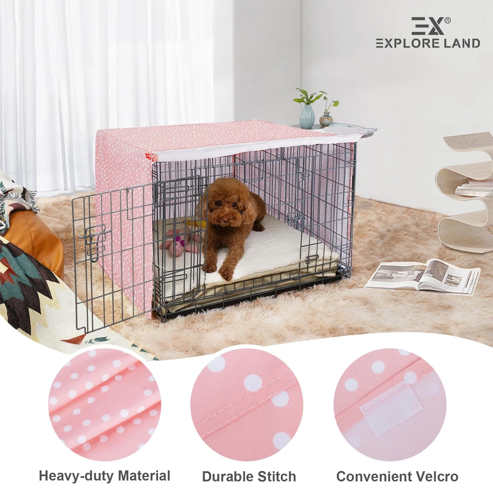 Explore Land - Copertura per gabbia per cani da 61 cm, in poliestere resistente, 1, 2, 3 porte, standard in metallo (rosa principessa) - immagine 4