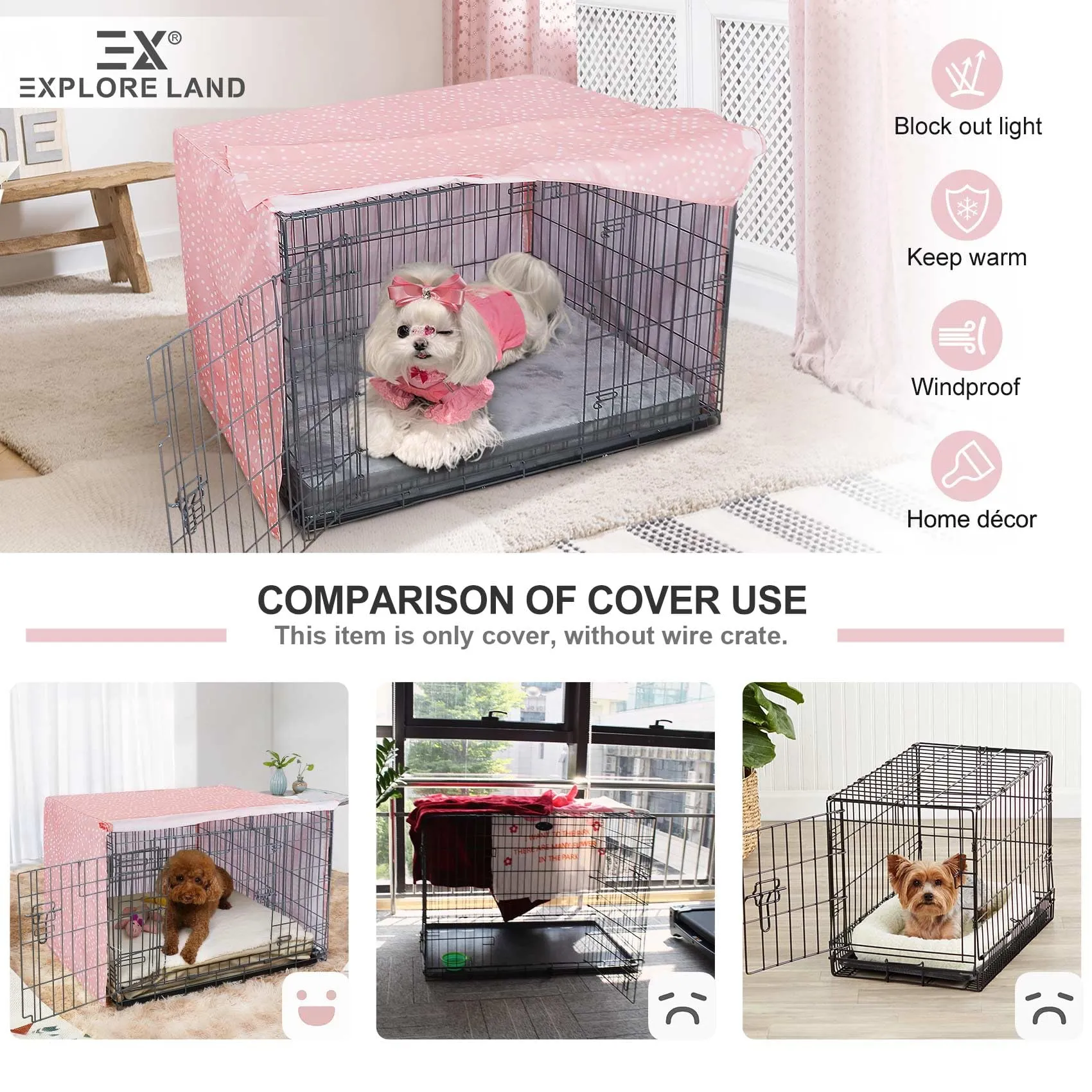 Explore Land Copertura per gabbia per cani da 106 cm, in poliestere resistente, universale, adatta per cassa in metallo standard da 1, 2 e 3 porte, colore rosa principessa - immagine 3