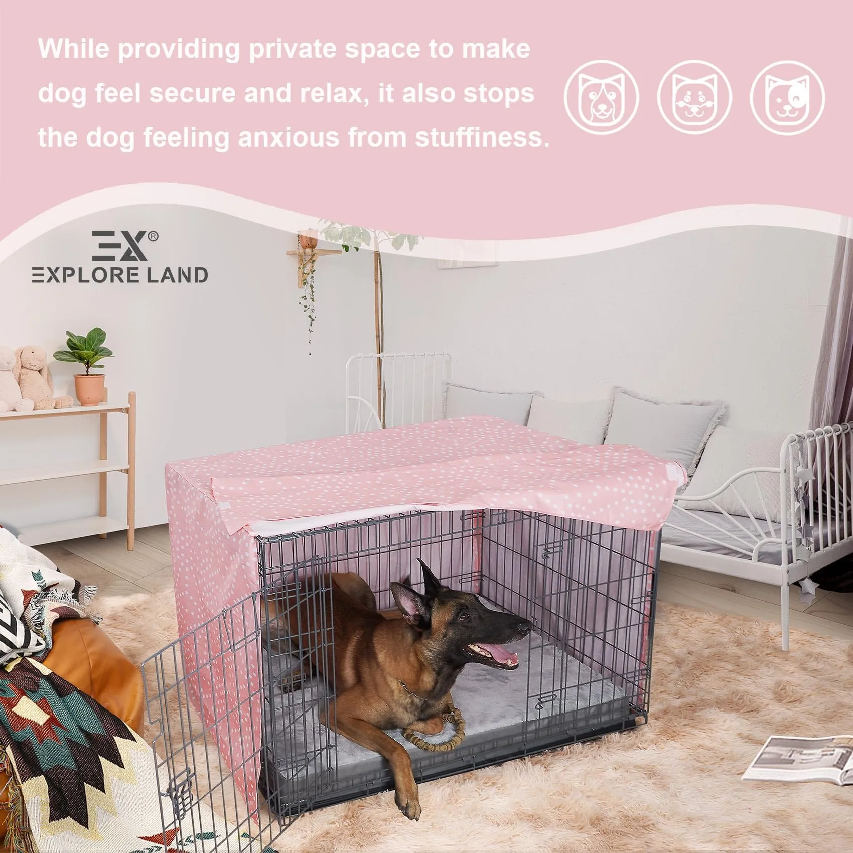 Explore Land Copertura per gabbia per cani da 106 cm, in poliestere resistente, universale, adatta per cassa in metallo standard da 1, 2 e 3 porte, colore rosa principessa - immagine 6