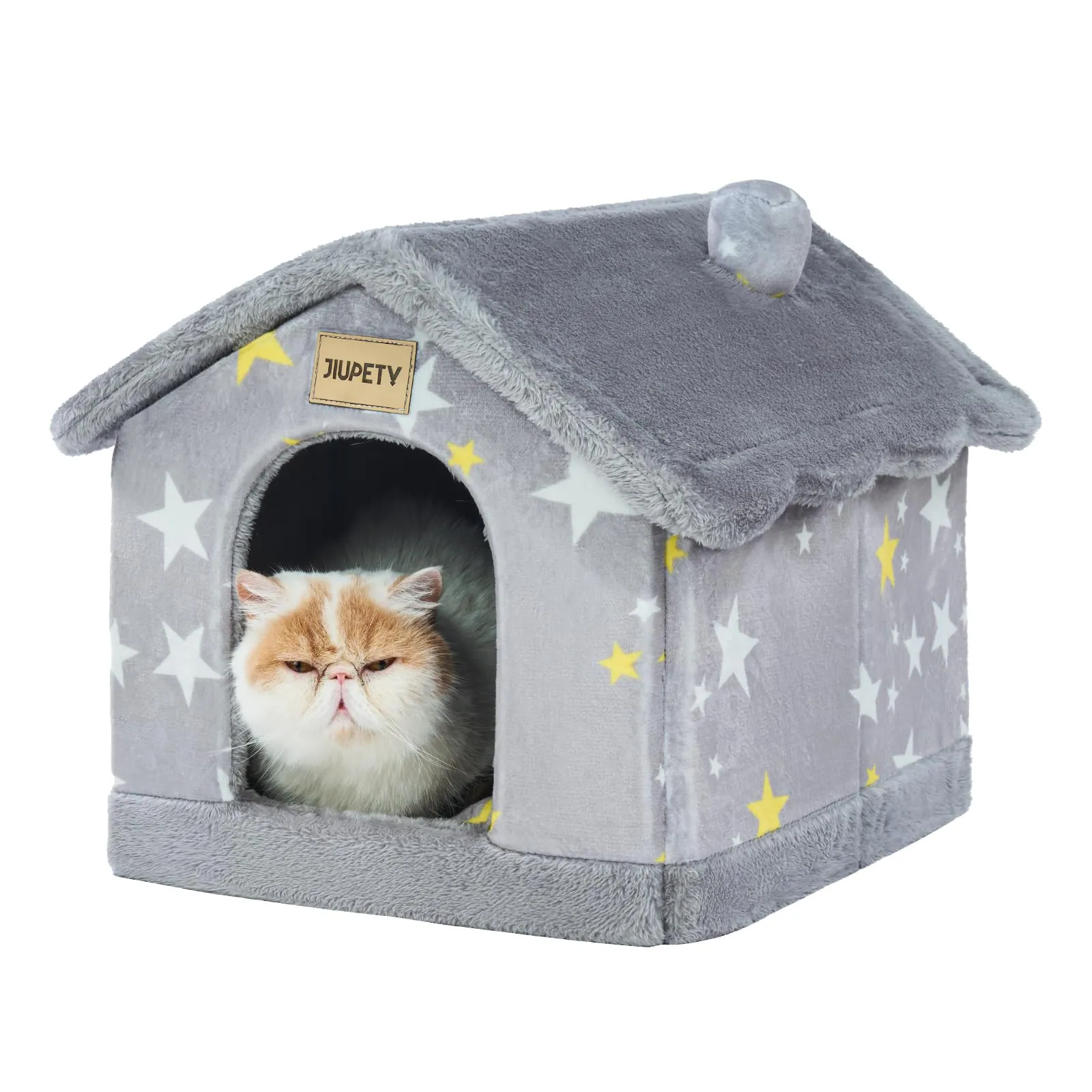 Jiupety Cuccia Gatto Interno Chiusa con Motivo a Stella, Casetta Pelosa per Gatti da Interno Taglia S 43 x 36 x 33 CM, Cuccia per Gatti Cat House, Grey Star - immagine 1
