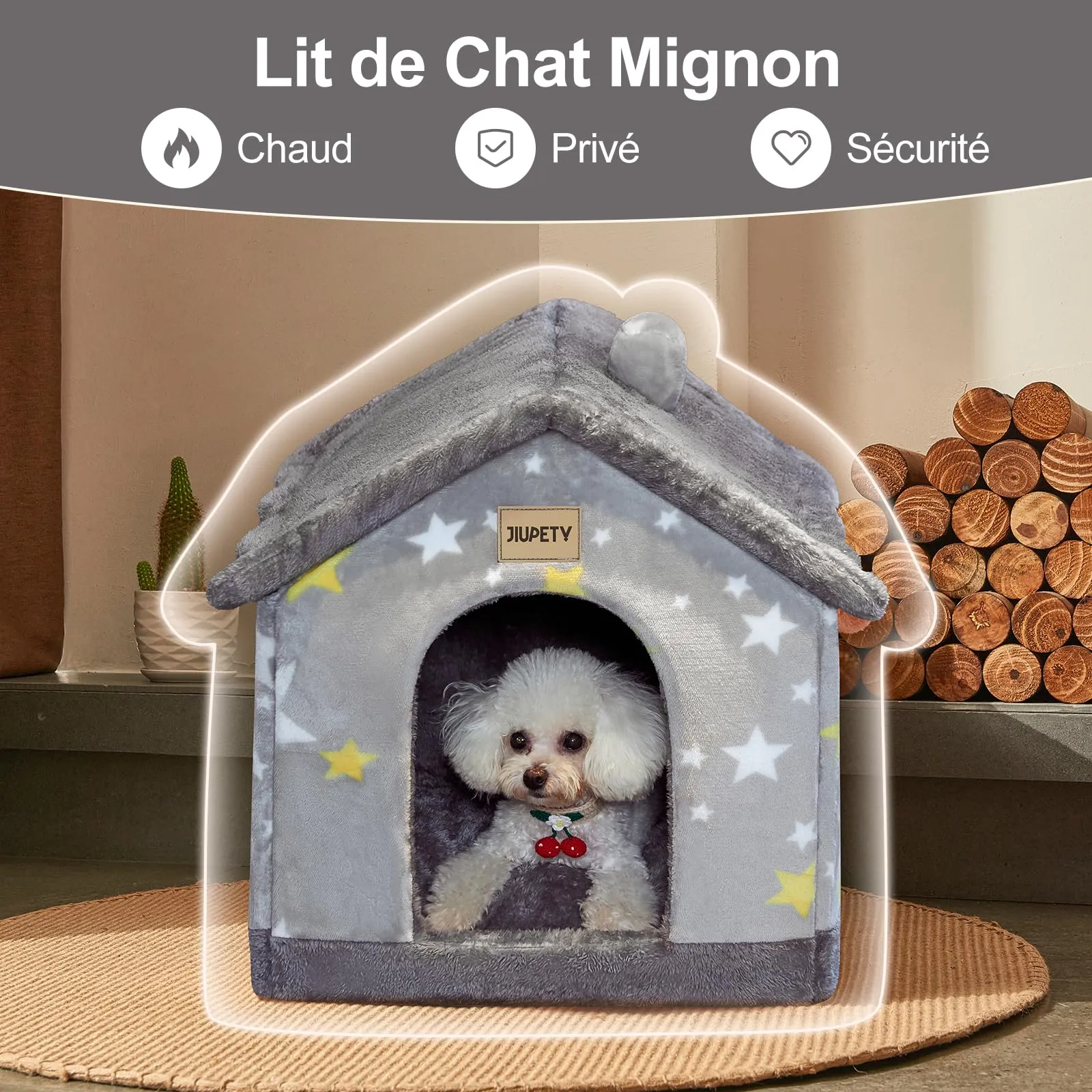 Jiupety Cuccia Gatto Interno Chiusa con Motivo a Stella, Casetta Pelosa per Gatti da Interno Taglia S 43 x 36 x 33 CM, Cuccia per Gatti Cat House, Grey Star - immagine 2