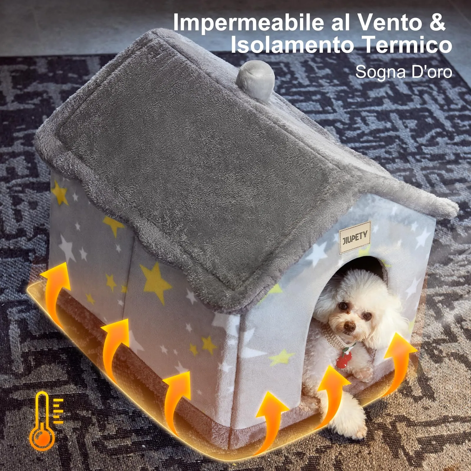 Jiupety Cuccia Gatto Interno Chiusa con Motivo a Stella, Casetta Pelosa per Gatti da Interno Taglia S 43 x 36 x 33 CM, Cuccia per Gatti Cat House, Grey Star - immagine 4