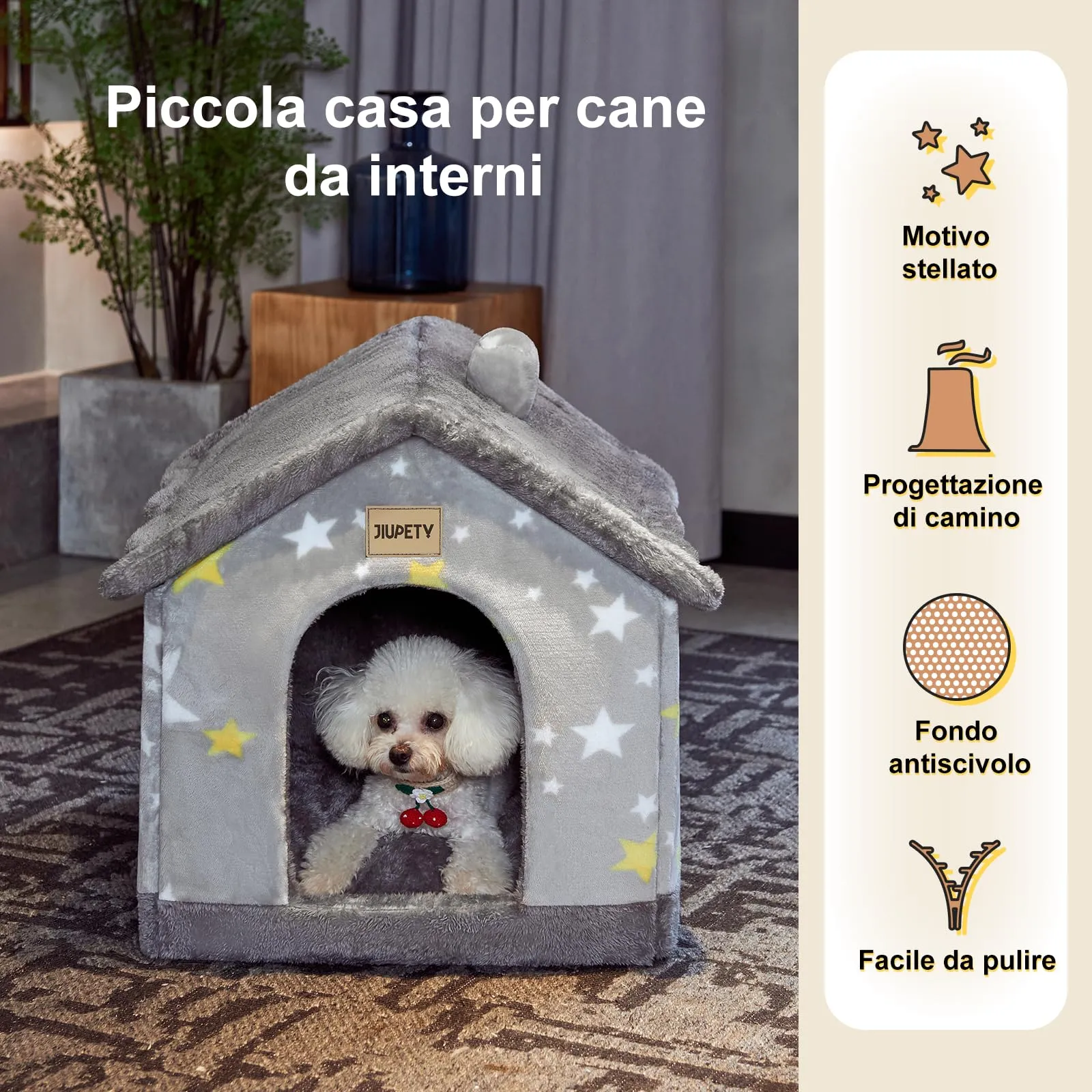 Jiupety Cuccia Gatto Interno Chiusa con Motivo a Stella, Casetta Pelosa per Gatti da Interno Taglia S 43 x 36 x 33 CM, Cuccia per Gatti Cat House, Grey Star - immagine 5