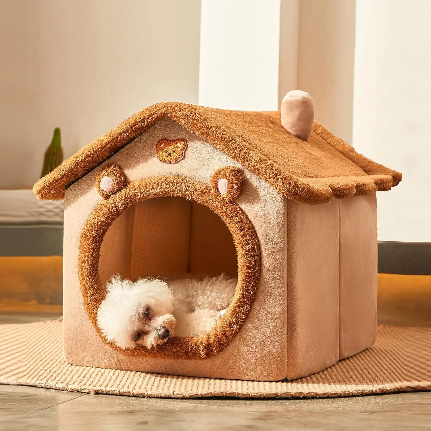 Jiupety Cuccia Cane Interno Chiusa Taglia Media con Motivo a Stella, Cuccia Pelosa per Cani da Interno Taglia L 53 x 43 x 46 CM, Dog House, Brown Bear - immagine 1