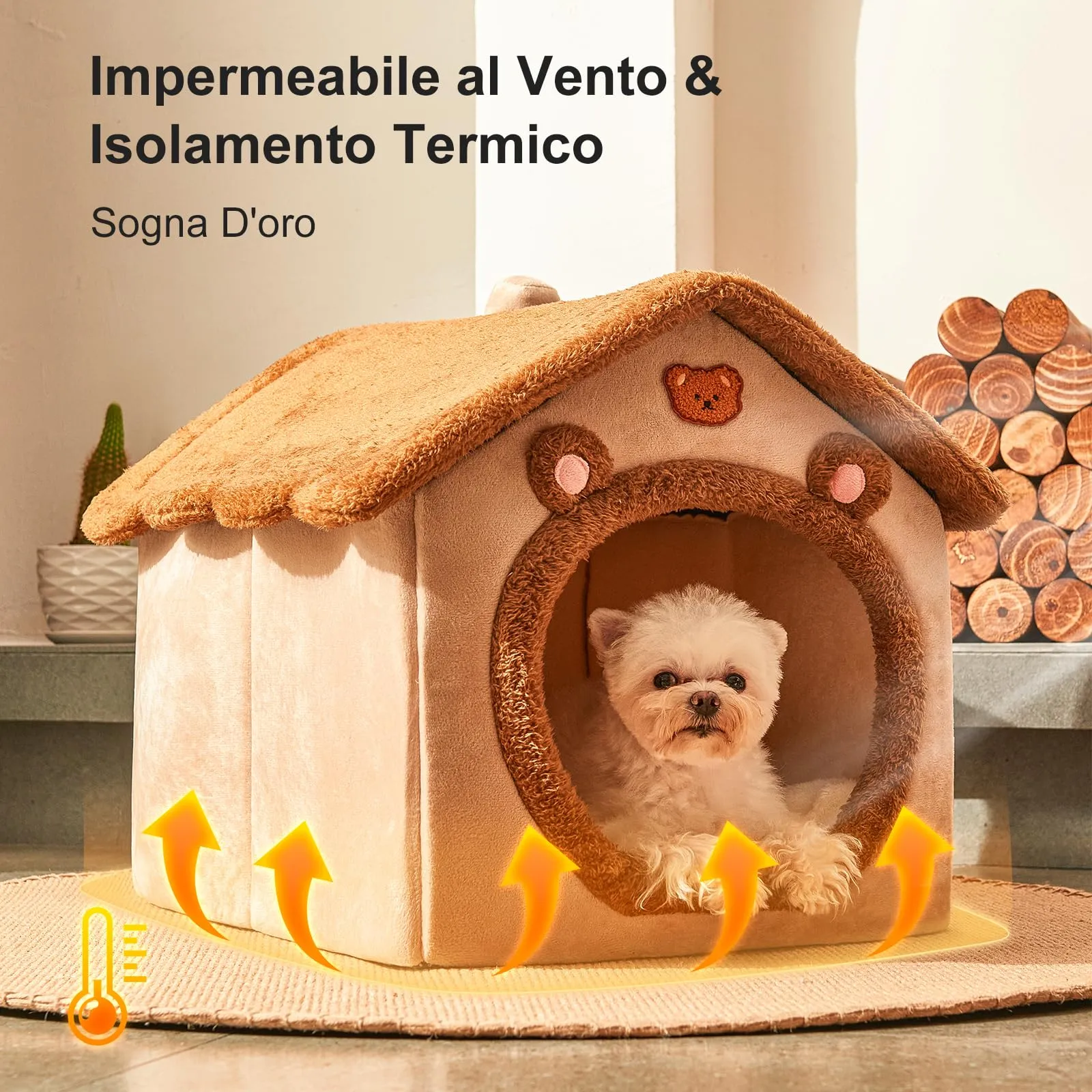 Jiupety Cuccia Cane Interno Chiusa Taglia Media con Motivo a Stella, Cuccia Pelosa per Cani da Interno Taglia L 53 x 43 x 46 CM, Dog House, Brown Bear - immagine 4