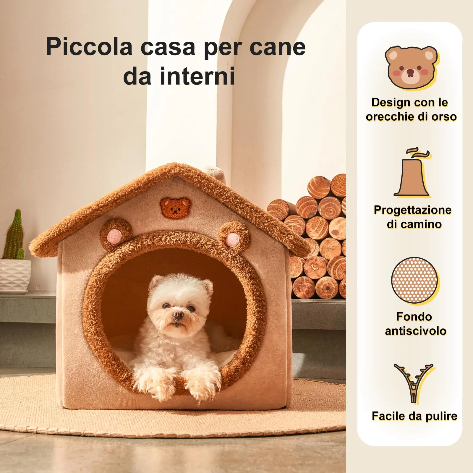 Jiupety Cuccia Cane Interno Chiusa Taglia Media con Motivo a Stella, Cuccia Pelosa per Cani da Interno Taglia L 53 x 43 x 46 CM, Dog House, Brown Bear - immagine 5