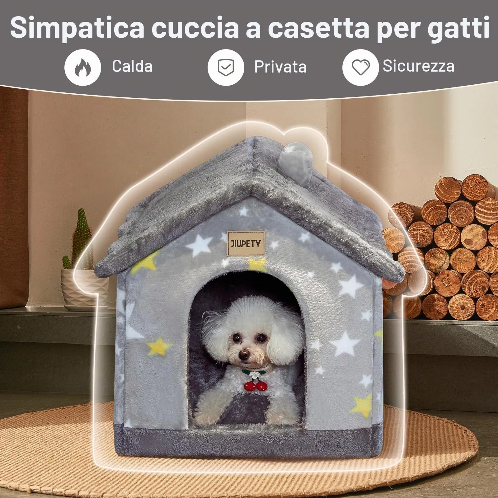 Jiupety Cuccia Cane Interno Chiusa Taglia Media con Motivo a Stella, Cuccia Pelosa per Cani da Interno Taglia L 53 x 43 x 46 CM, Dog House, Grey Star - immagine 2