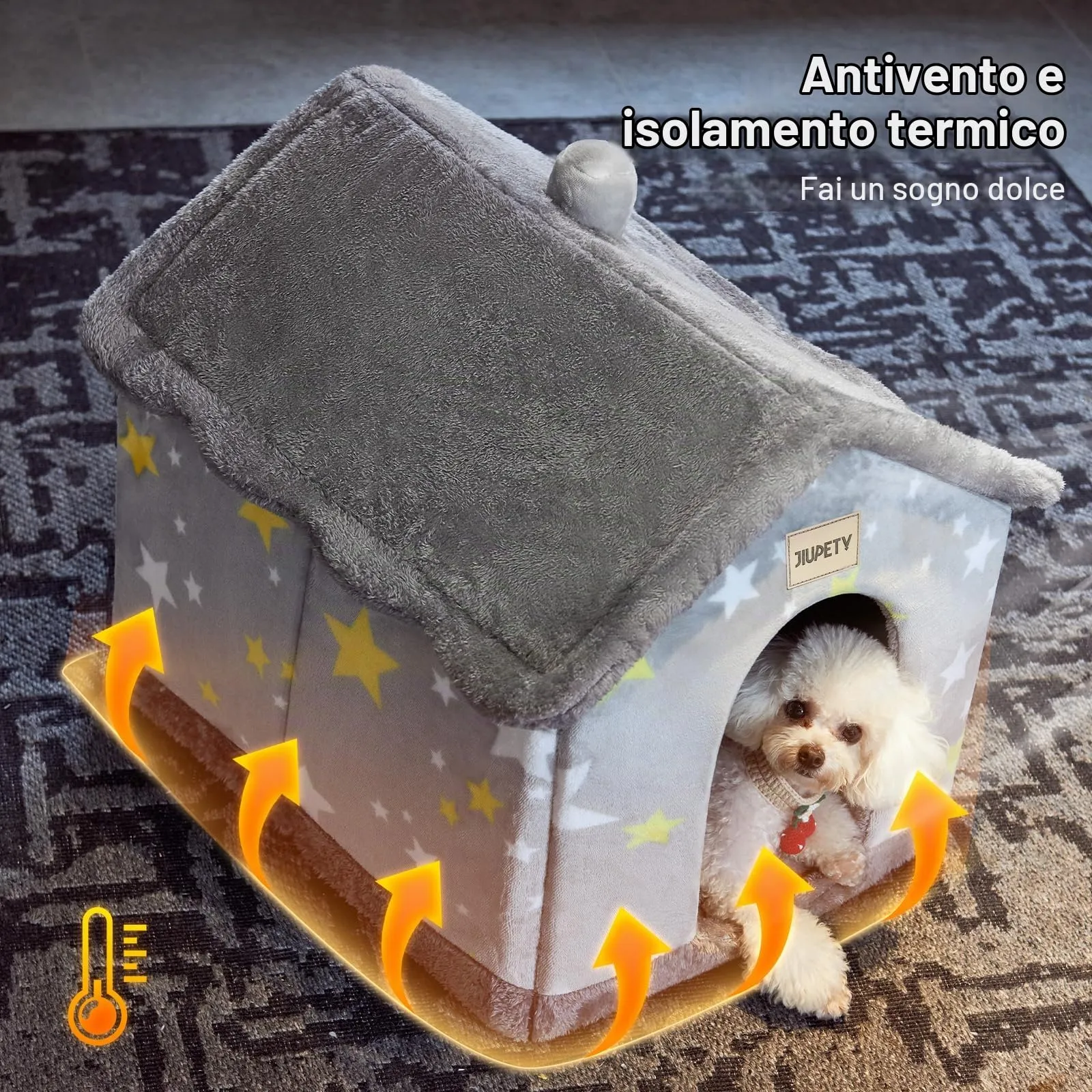 Jiupety Cuccia Cane Interno Chiusa Taglia Media con Motivo a Stella, Cuccia Pelosa per Cani da Interno Taglia L 53 x 43 x 46 CM, Dog House, Grey Star - immagine 4