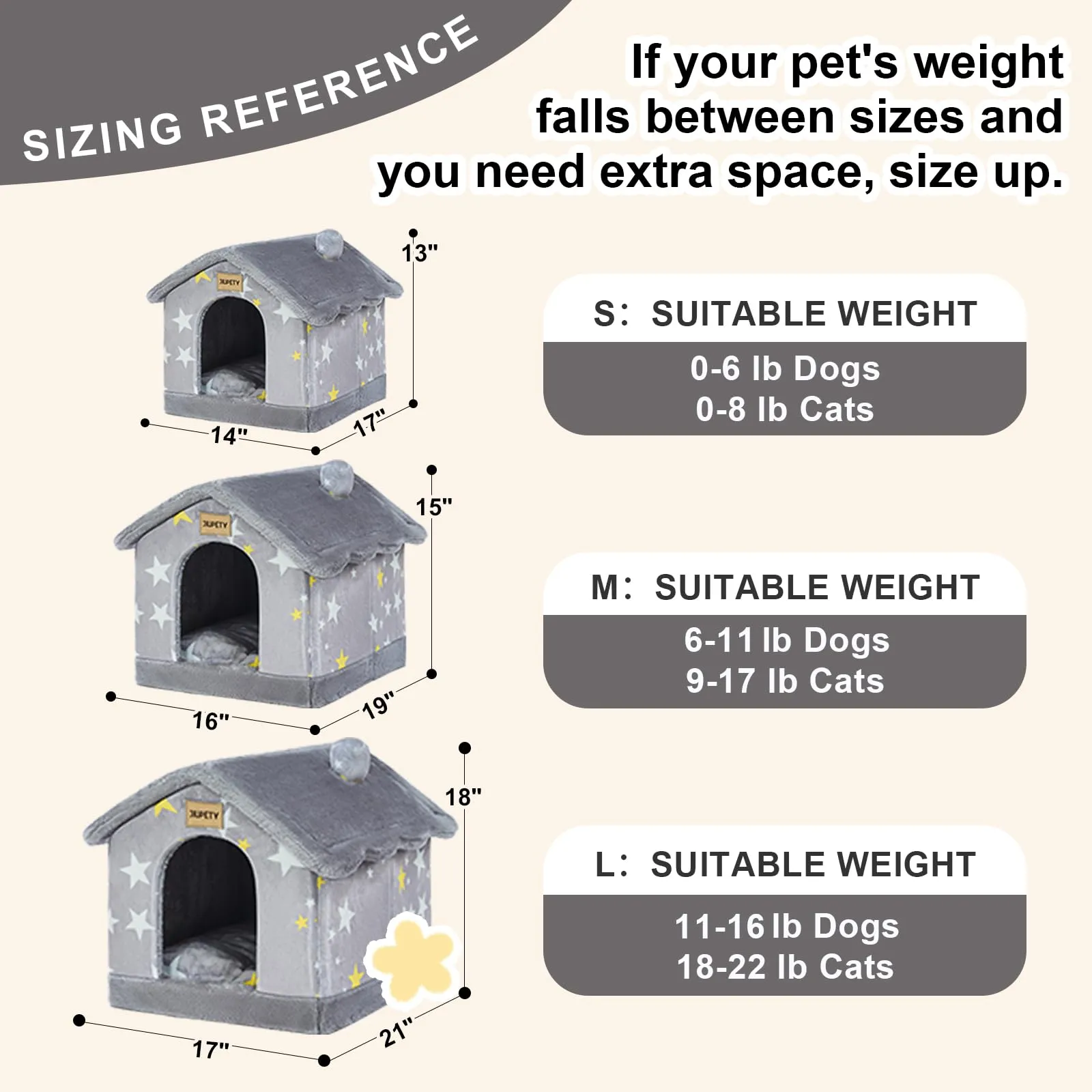 Jiupety Cuccia Cane Interno Chiusa Taglia Media con Motivo a Stella, Cuccia Pelosa per Cani da Interno Taglia L 53 x 43 x 46 CM, Dog House, Grey Star - immagine 6