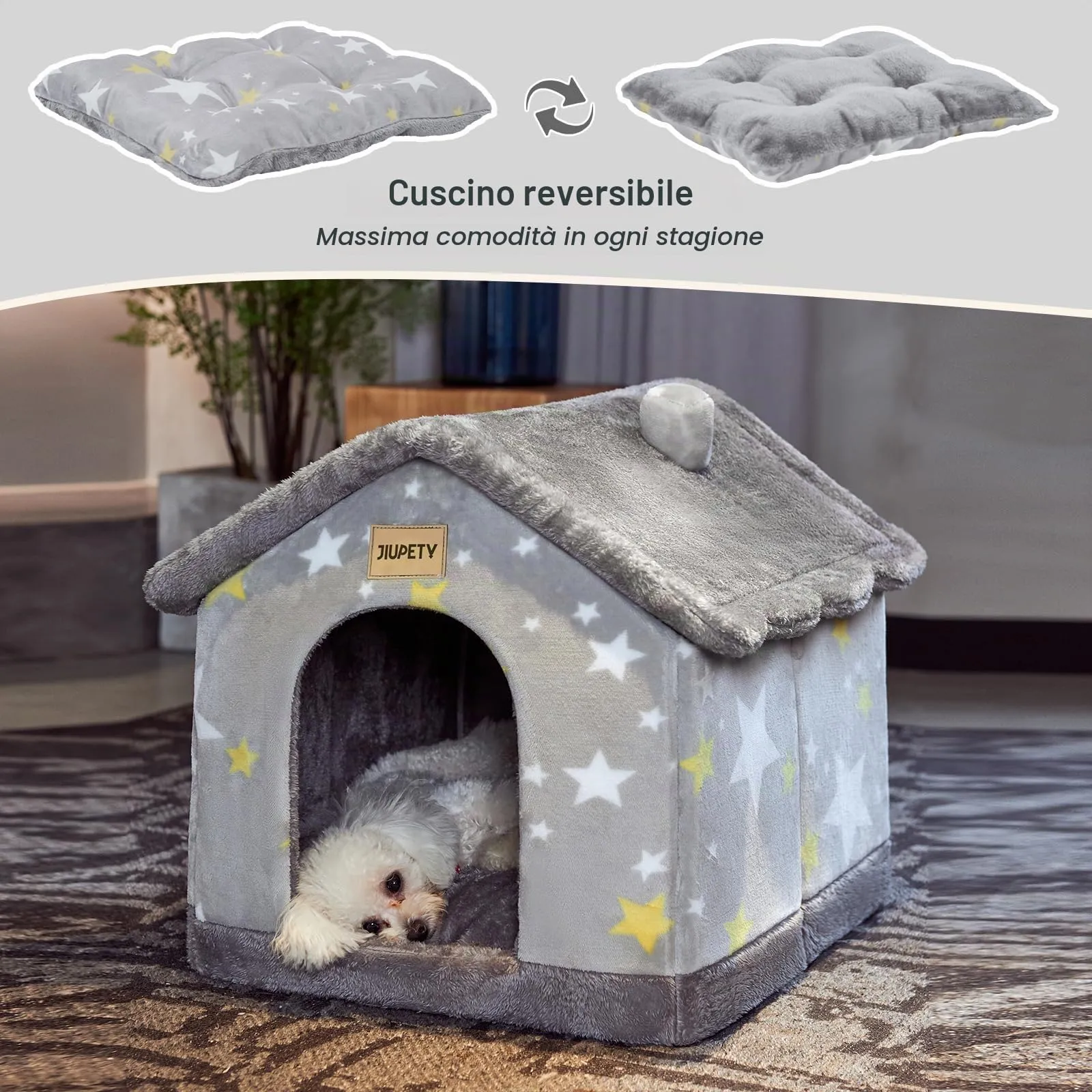 Jiupety Cuccia Cane Interno Chiusa Taglia Media con Motivo a Stella, Cuccia Pelosa per Cani da Interno Taglia L 53 x 43 x 46 CM, Dog House, Grey Star - immagine 7