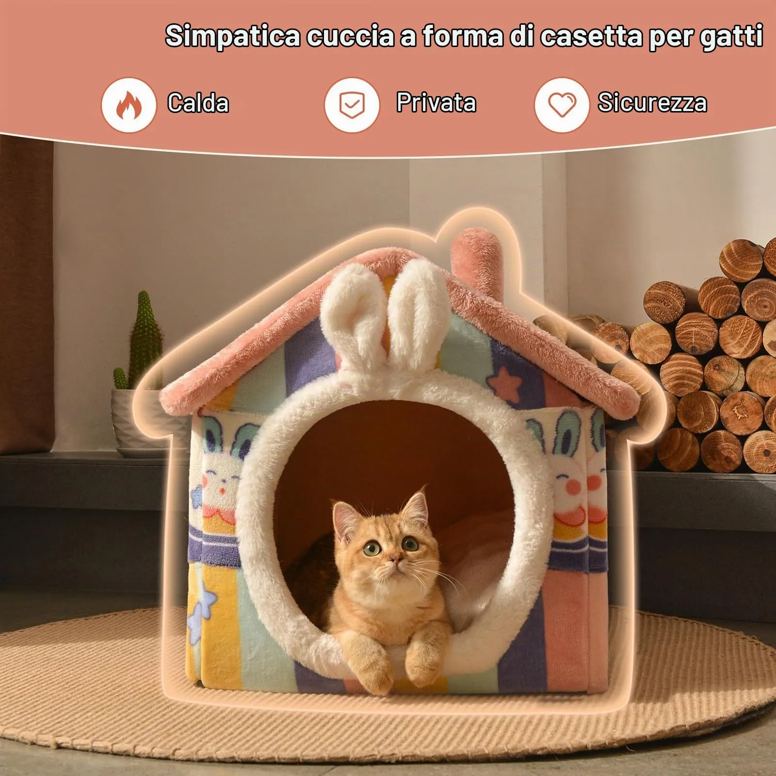 Jiupety Cuccia Cane Interno Chiusa Taglia Media con Motivo a Stella, Cuccia Pelosa per Cani da Interno Taglia L 53 x 43 x 46 CM, Dog House, Rainbow Bunny - immagine 2