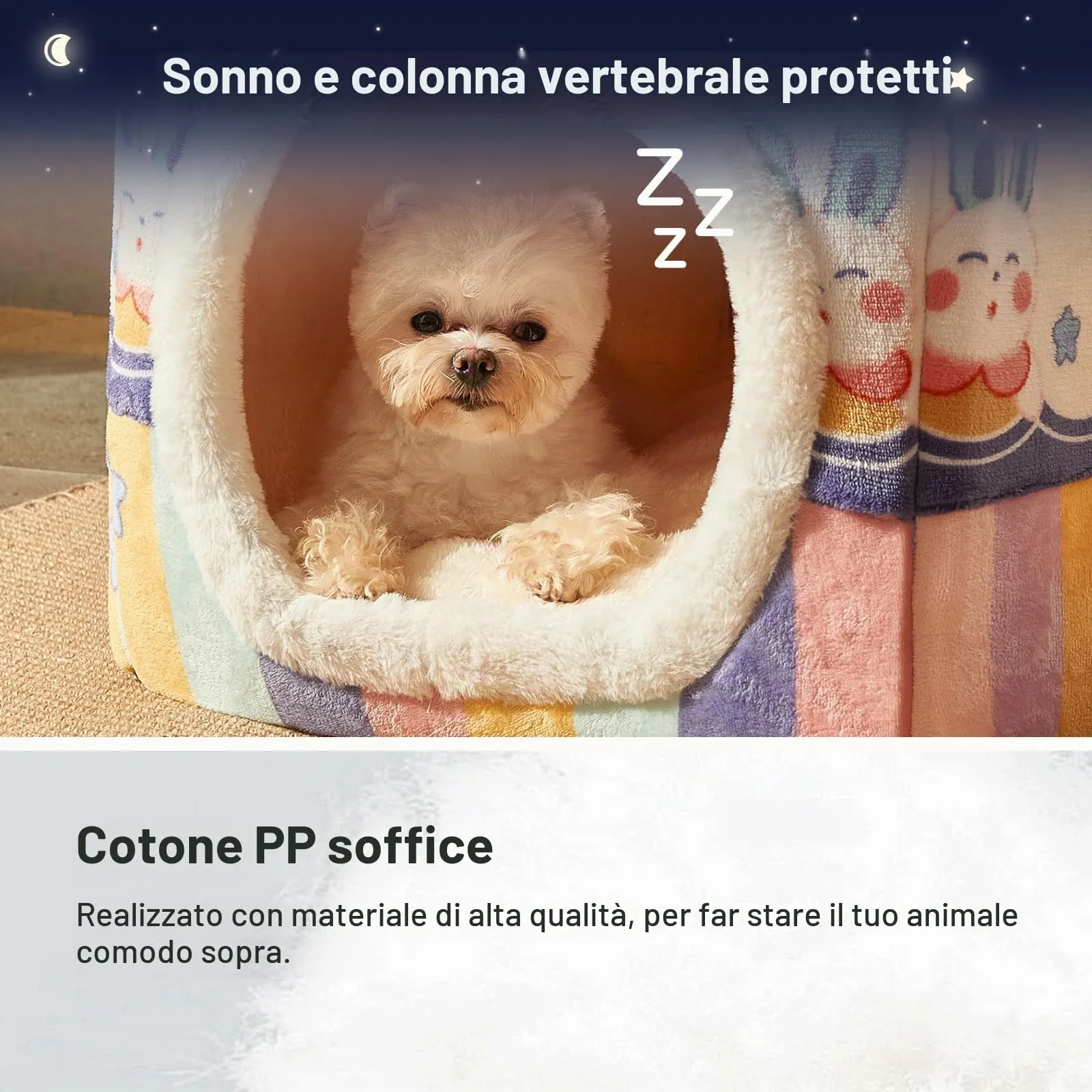 Jiupety Cuccia Cane Interno Chiusa Taglia Media con Motivo a Stella, Cuccia Pelosa per Cani da Interno Taglia L 53 x 43 x 46 CM, Dog House, Rainbow Bunny - immagine 3