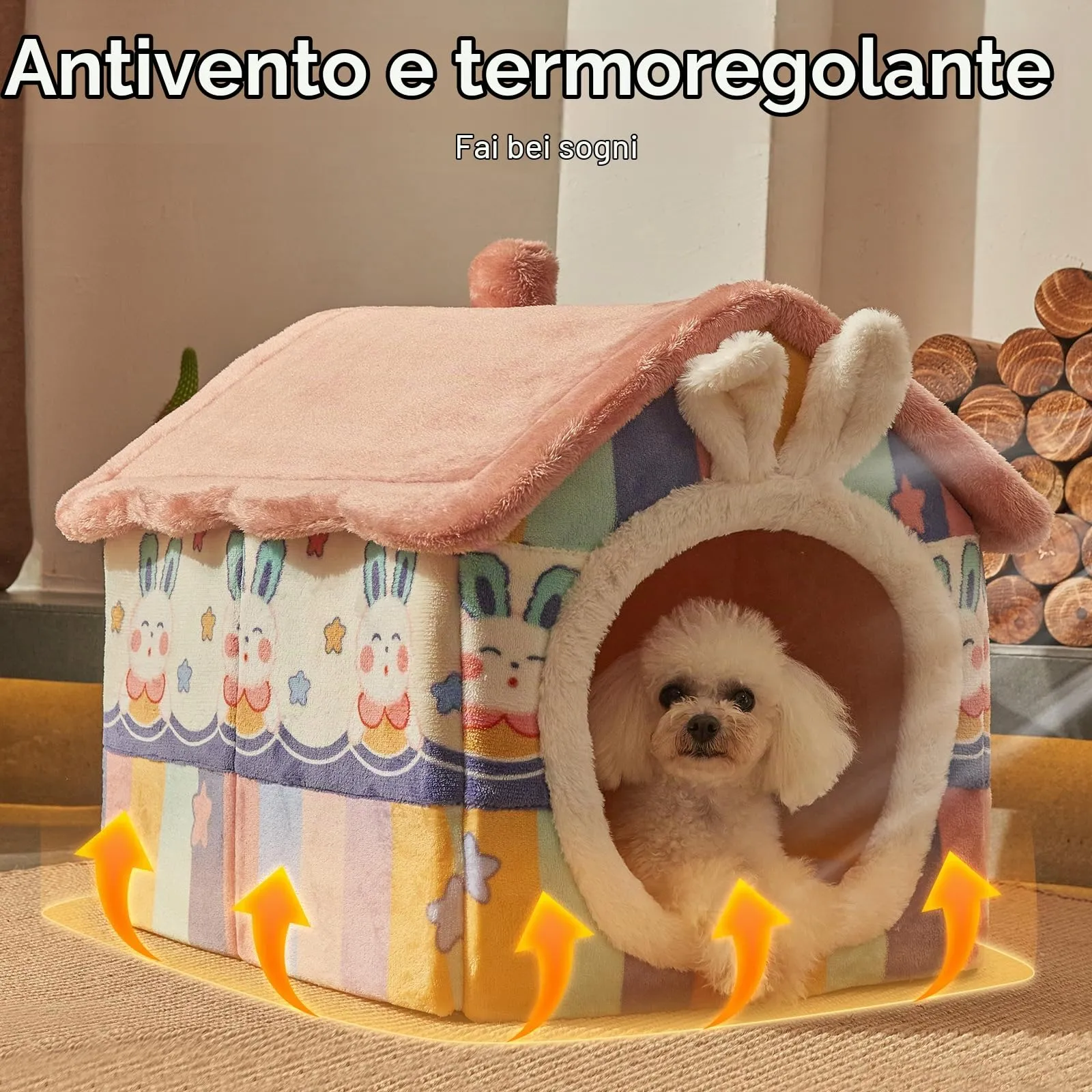 Jiupety Cuccia Cane Interno Chiusa Taglia Media con Motivo a Stella, Cuccia Pelosa per Cani da Interno Taglia L 53 x 43 x 46 CM, Dog House, Rainbow Bunny - immagine 4