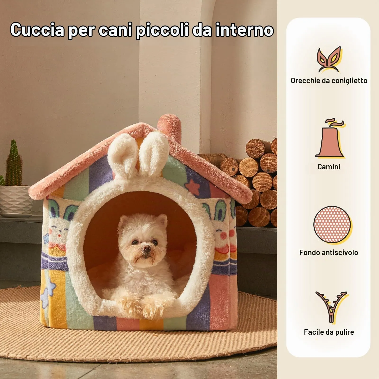 Jiupety Cuccia Cane Interno Chiusa Taglia Media con Motivo a Stella, Cuccia Pelosa per Cani da Interno Taglia L 53 x 43 x 46 CM, Dog House, Rainbow Bunny - immagine 5