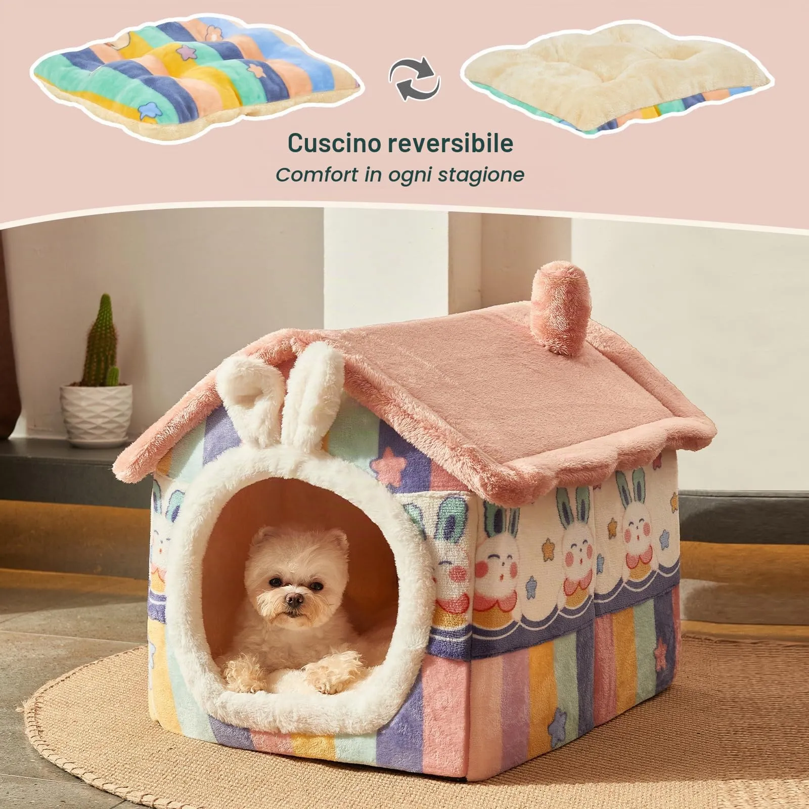 Jiupety Cuccia Cane Interno Chiusa Taglia Media con Motivo a Stella, Cuccia Pelosa per Cani da Interno Taglia L 53 x 43 x 46 CM, Dog House, Rainbow Bunny - immagine 6