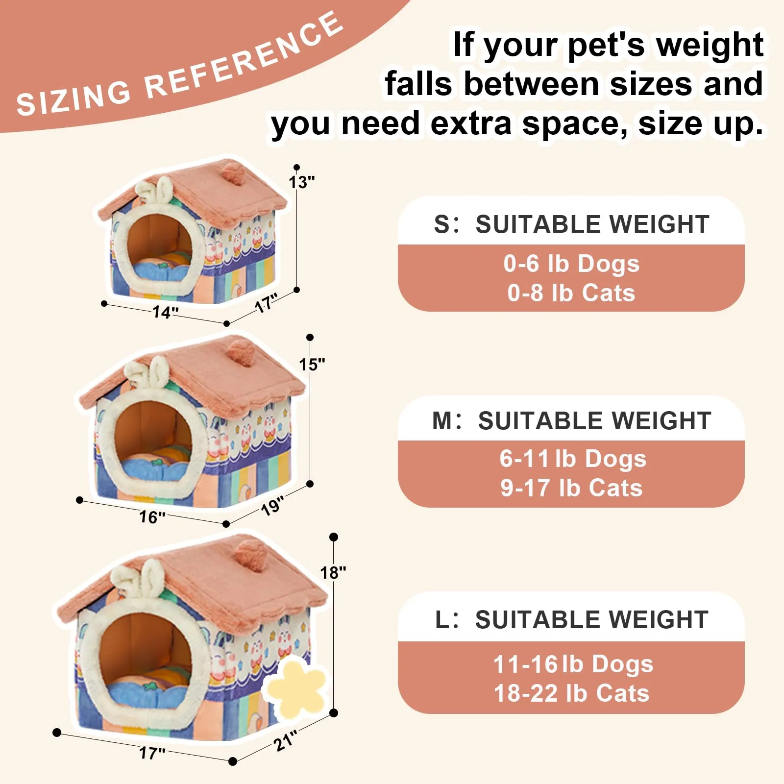 Jiupety Cuccia Cane Interno Chiusa Taglia Media con Motivo a Stella, Cuccia Pelosa per Cani da Interno Taglia L 53 x 43 x 46 CM, Dog House, Rainbow Bunny - immagine 7