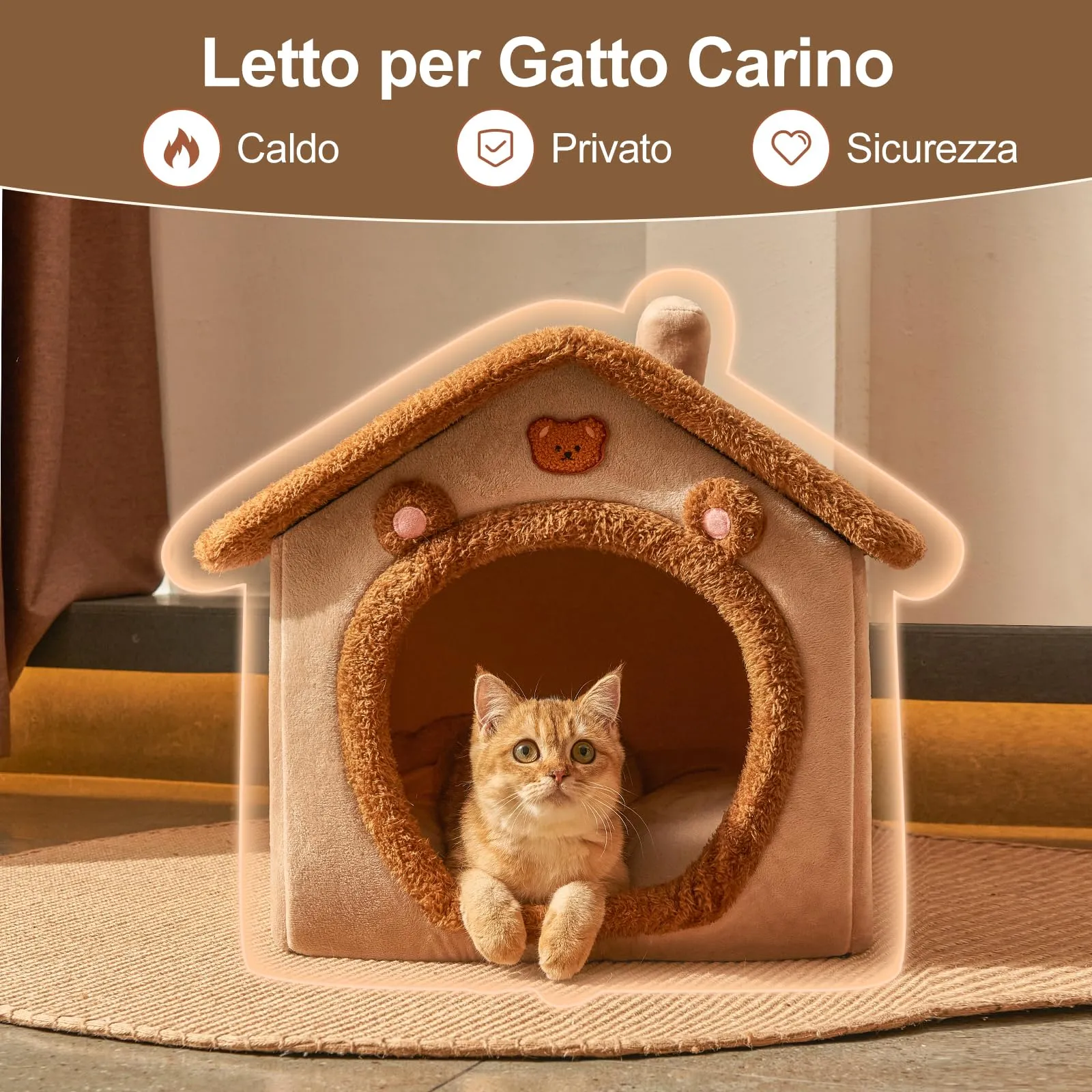 Jiupety Cuccia Gatto Interno Chiusa con Motivo a Stella, Casetta Pelosa per Gatti da Interno Taglia S 43 x 36 x 33 CM, Cuccia per Gatti Cat House, Brown Bear - immagine 2