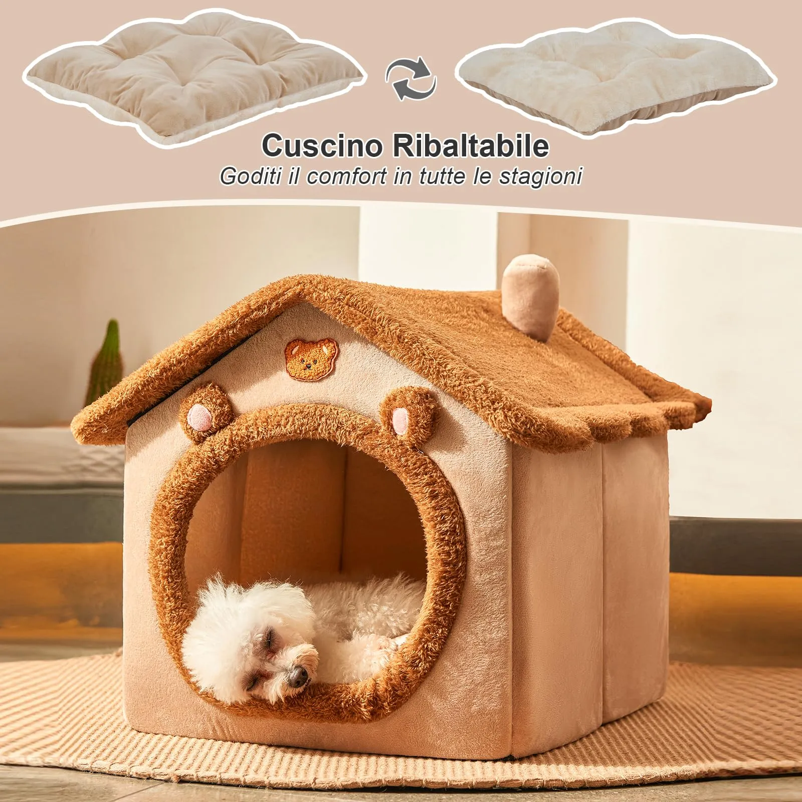 Jiupety Cuccia Gatto Interno Chiusa con Motivo a Stella, Casetta Pelosa per Gatti da Interno Taglia S 43 x 36 x 33 CM, Cuccia per Gatti Cat House, Brown Bear - immagine 6