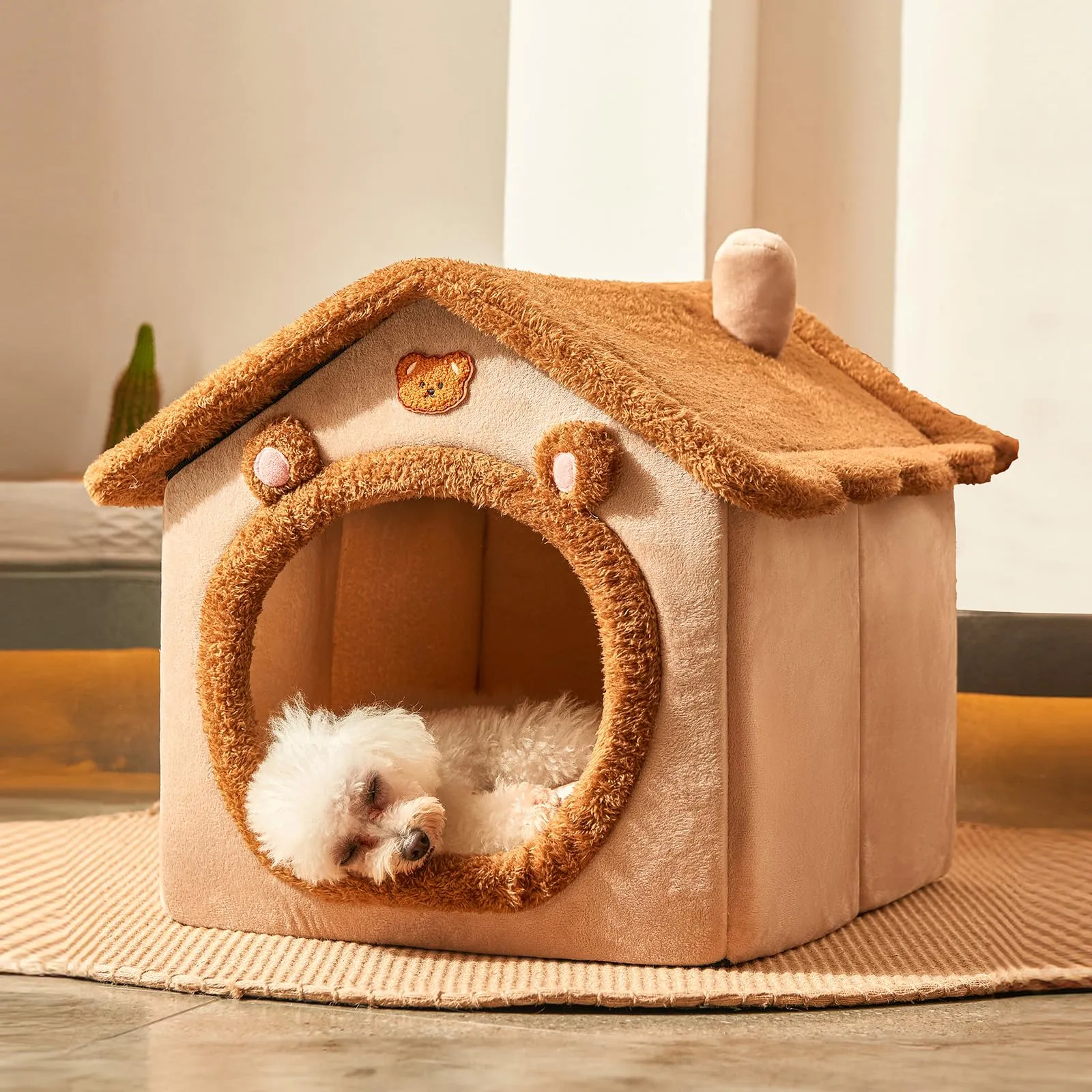 Jiupety Cuccia Cane Interno Chiusa Taglia Piccolo con Motivo a Stella, Cuccia Pelosa per Cani da Interno Taglia M 48 x 41 x 38 CM, Small Cat Dog House, Brown Bear - immagine 1