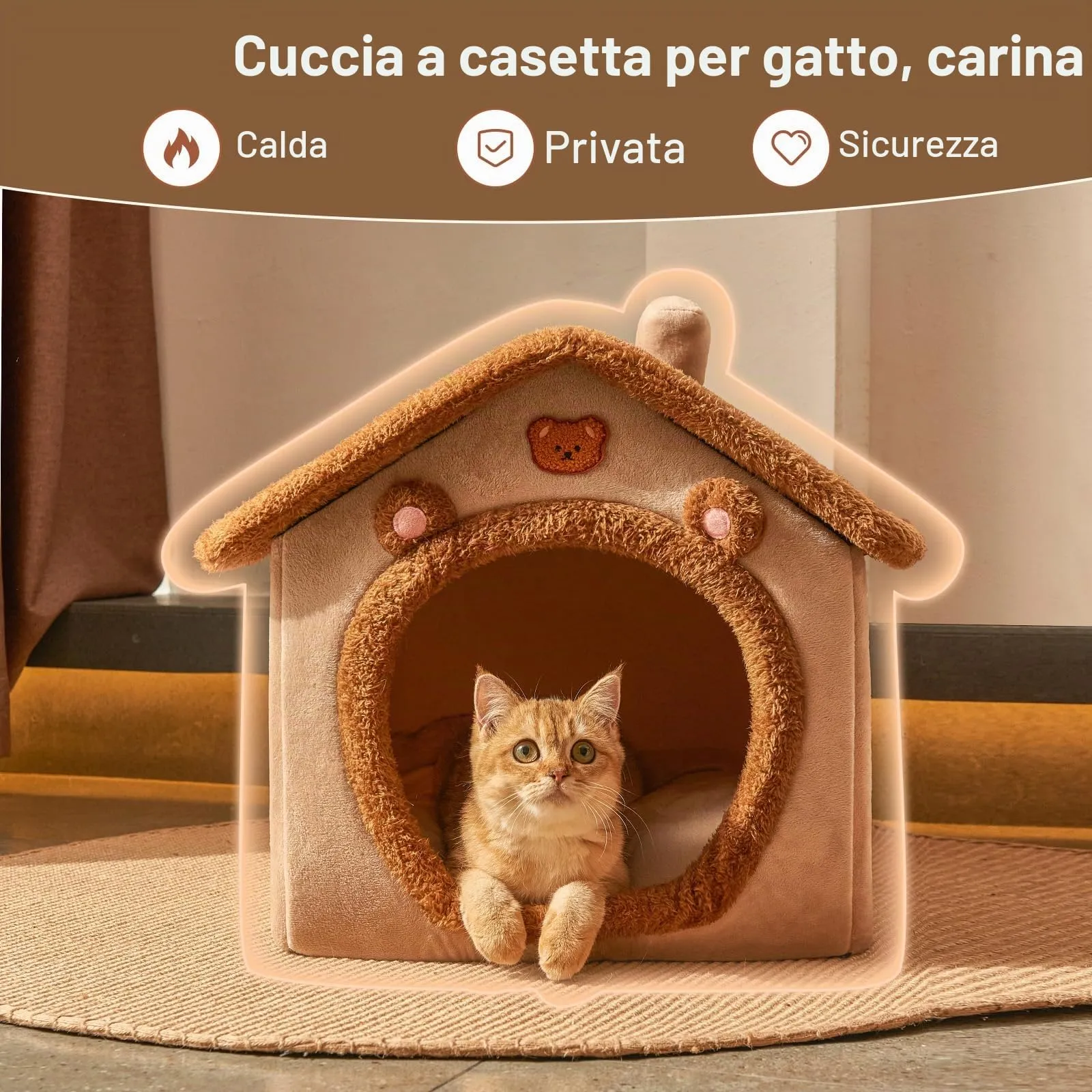Jiupety Cuccia Cane Interno Chiusa Taglia Piccolo con Motivo a Stella, Cuccia Pelosa per Cani da Interno Taglia M 48 x 41 x 38 CM, Small Cat Dog House, Brown Bear - immagine 2